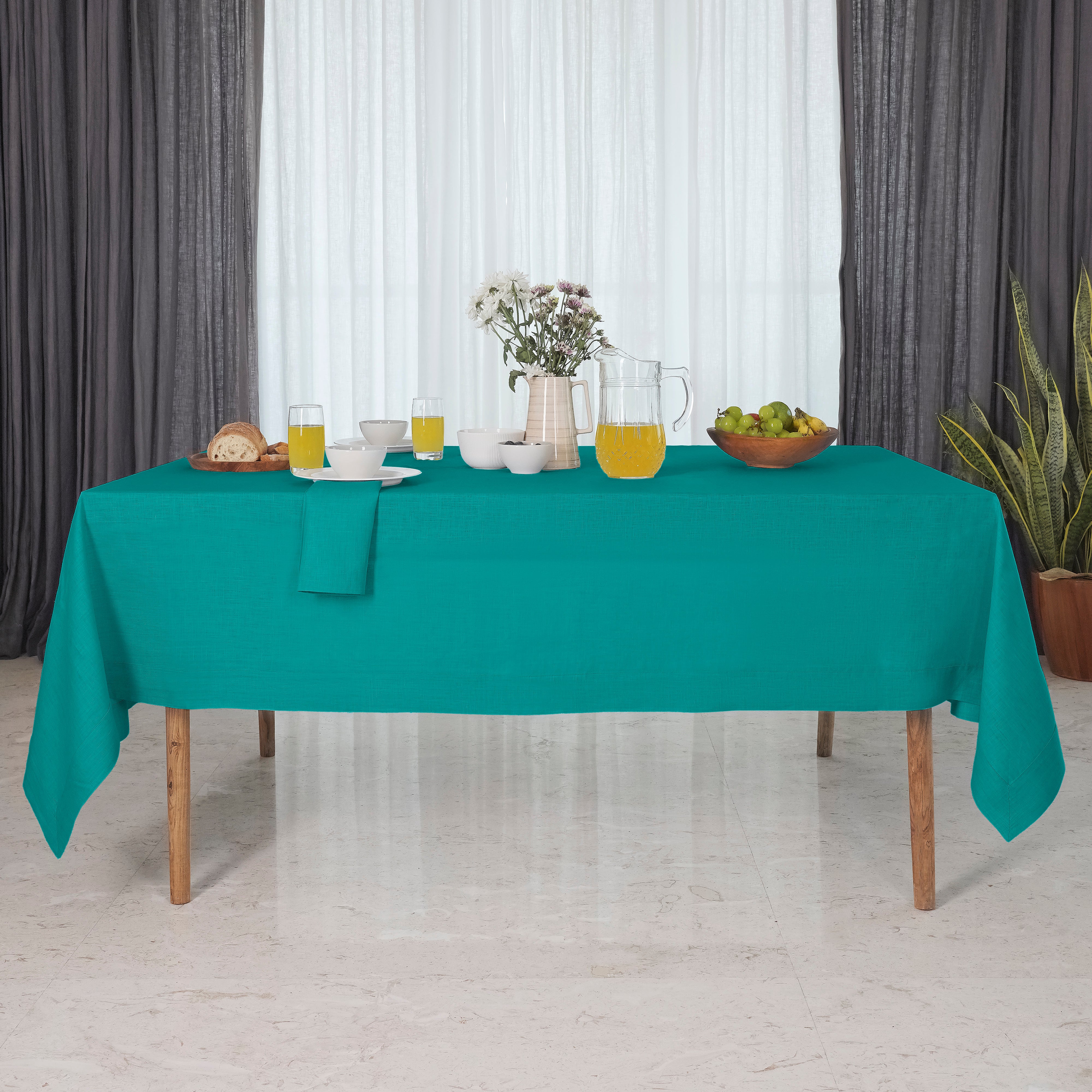 Teal Blue Linen Tablecloth, Hemmed