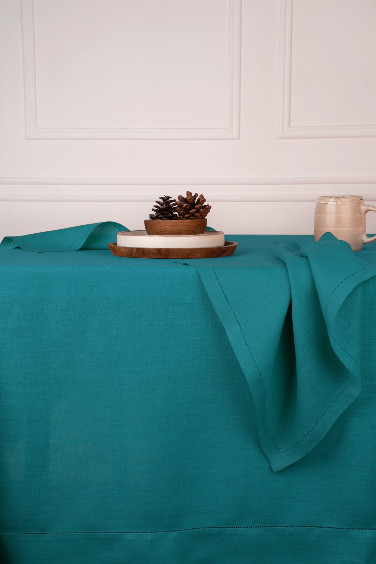 Teal Blue Pure Linen Tablecloth - Hemstitch