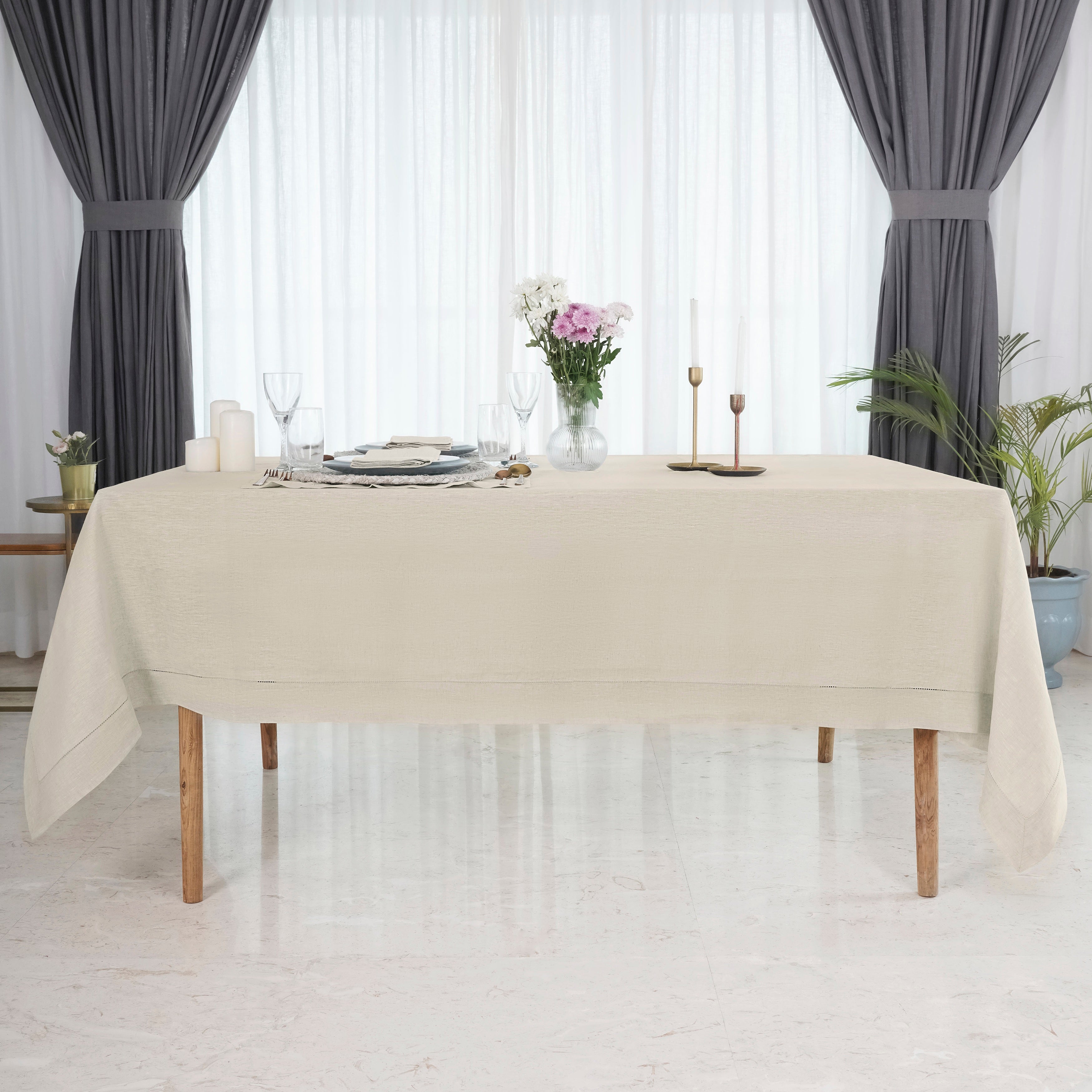 Light Natural Linen Tablecloth, Hemstitch