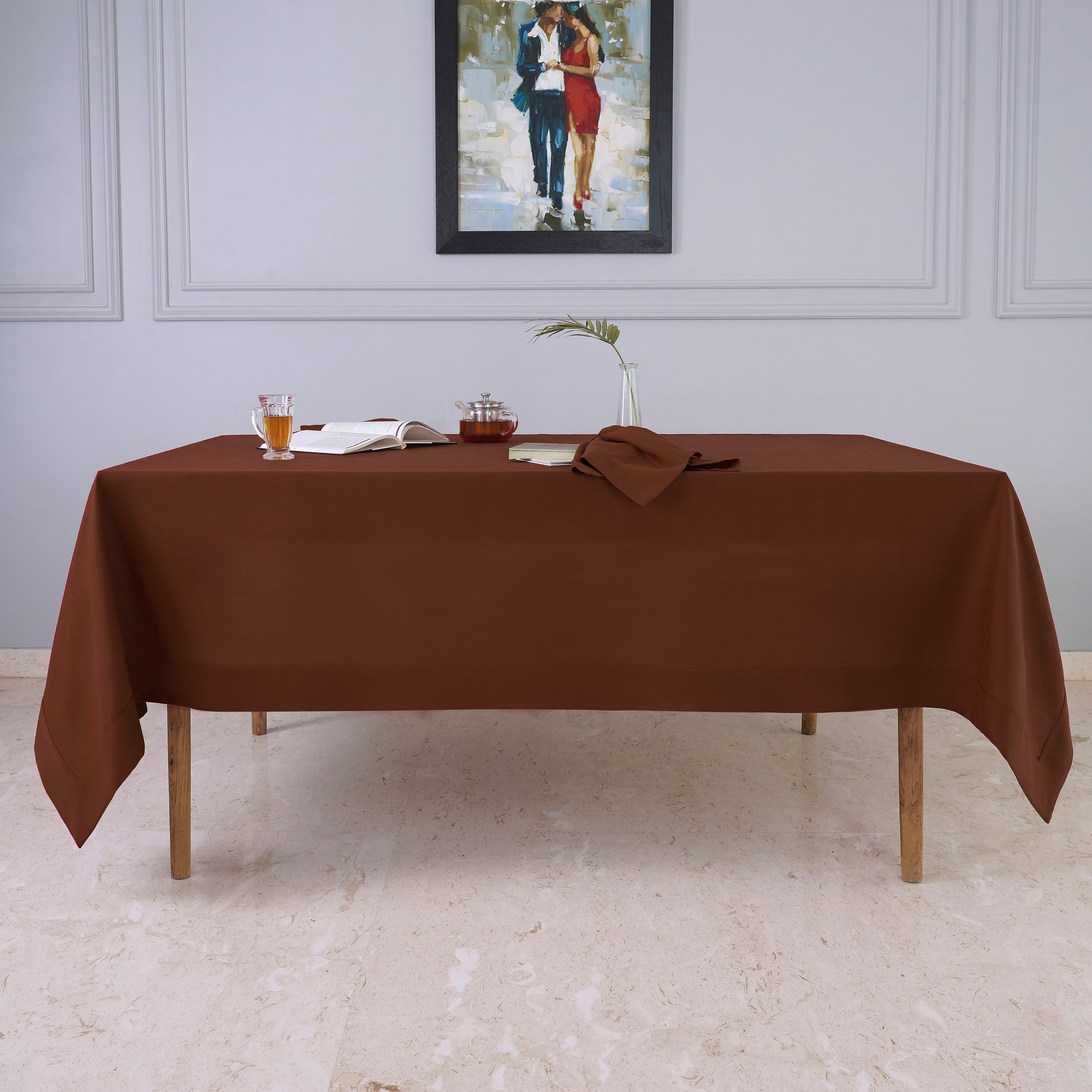 Brown Tablecloth, Faux Linen, Mitered Corner