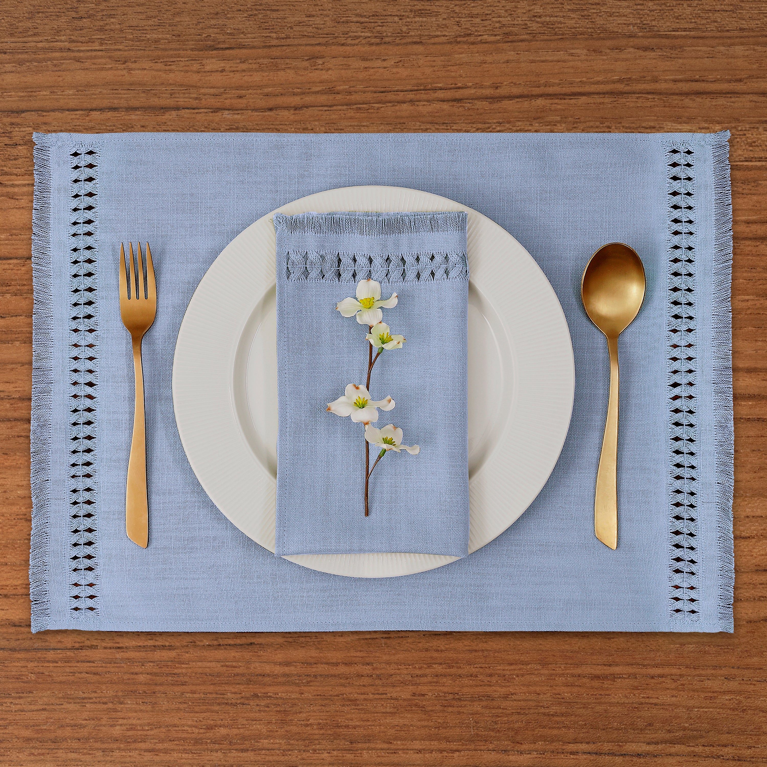 Light Blue Faux Linen Placemats, Hand Hemstitch, 14 x 19 inch, 6 pcs