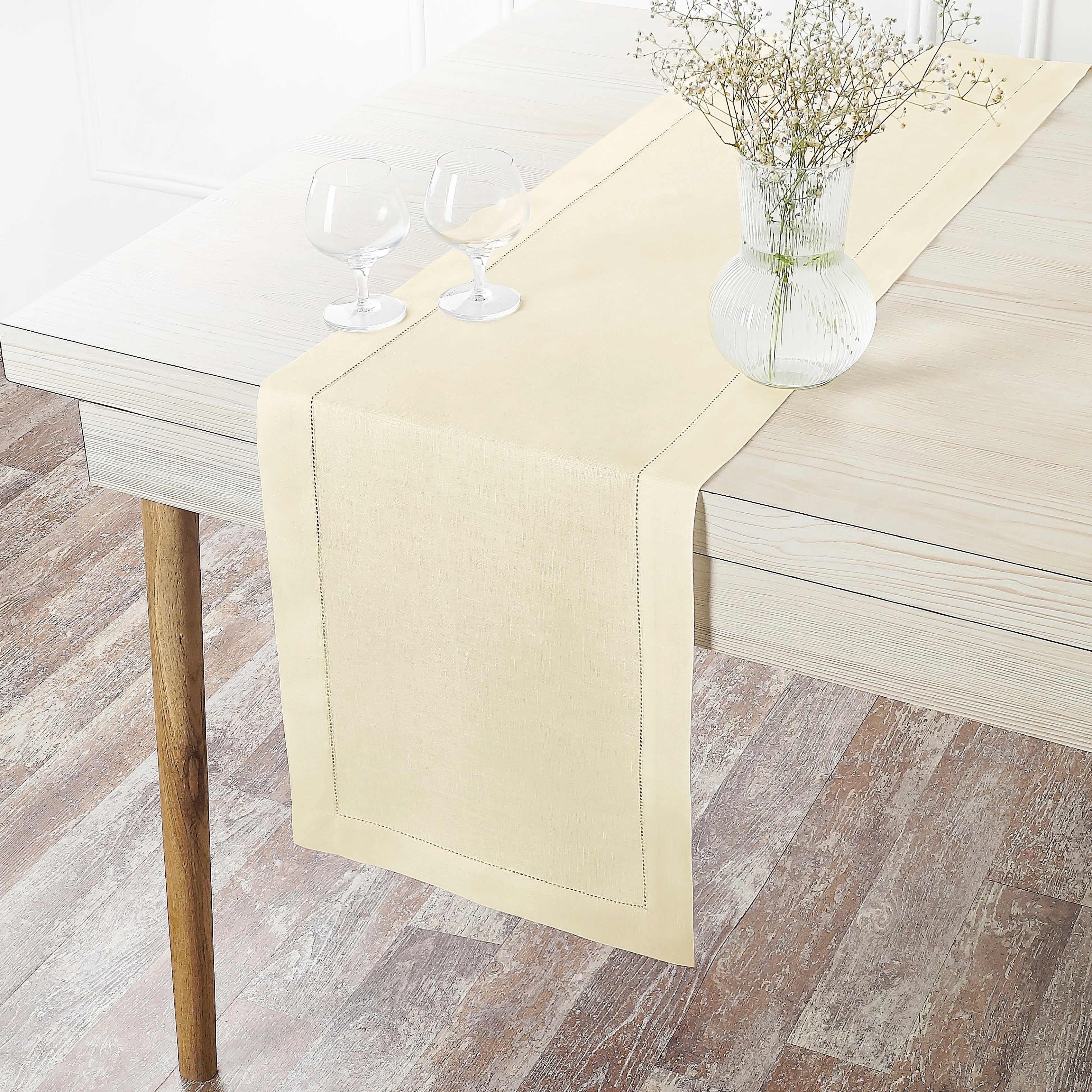 Cream Pure Linen Table Runner - Hemstitch