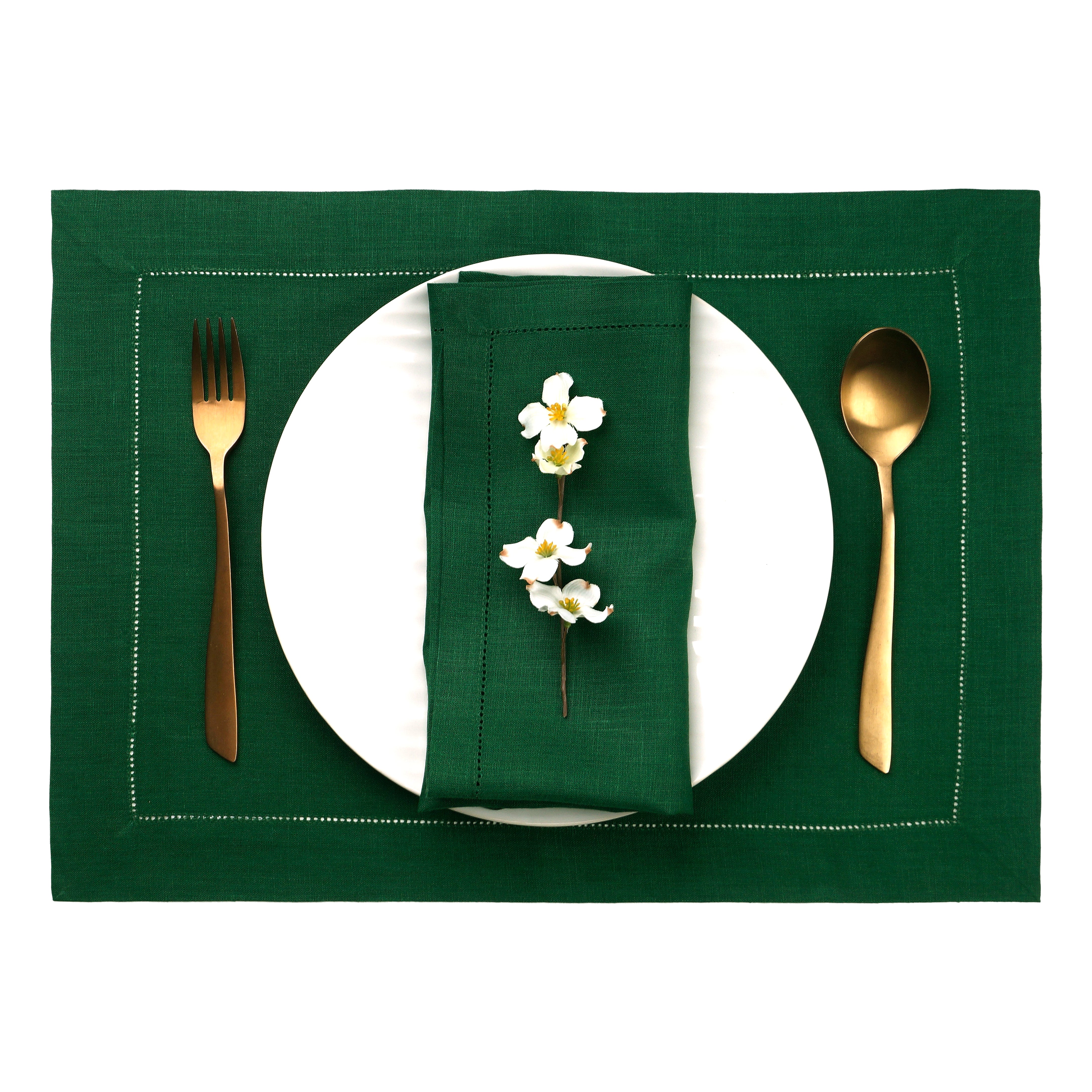 Forest Green Linen Placemats, Hemstitch, 14 x 19 inch, 6 pcs