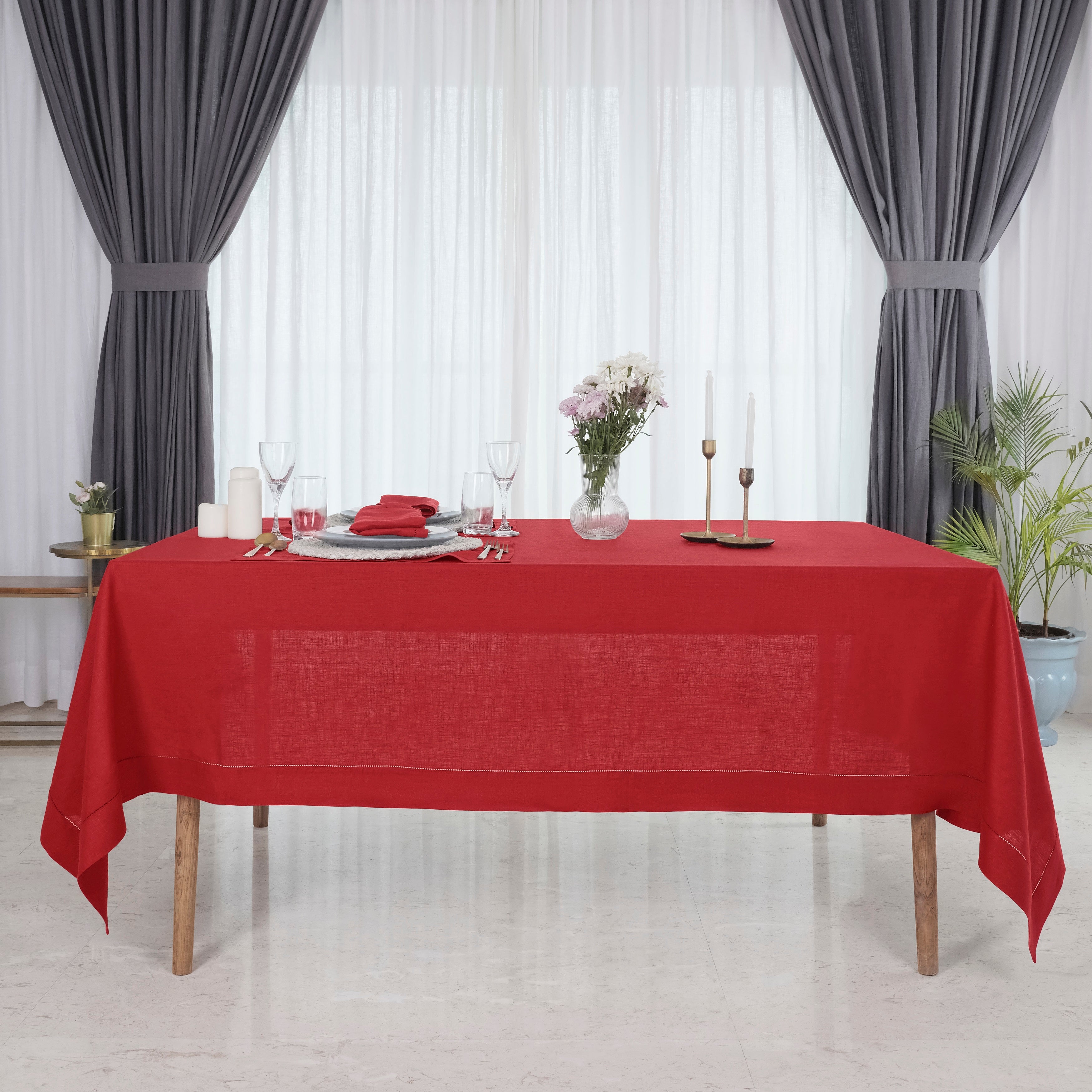 Bright Red Linen Tablecloth, Hemstitch