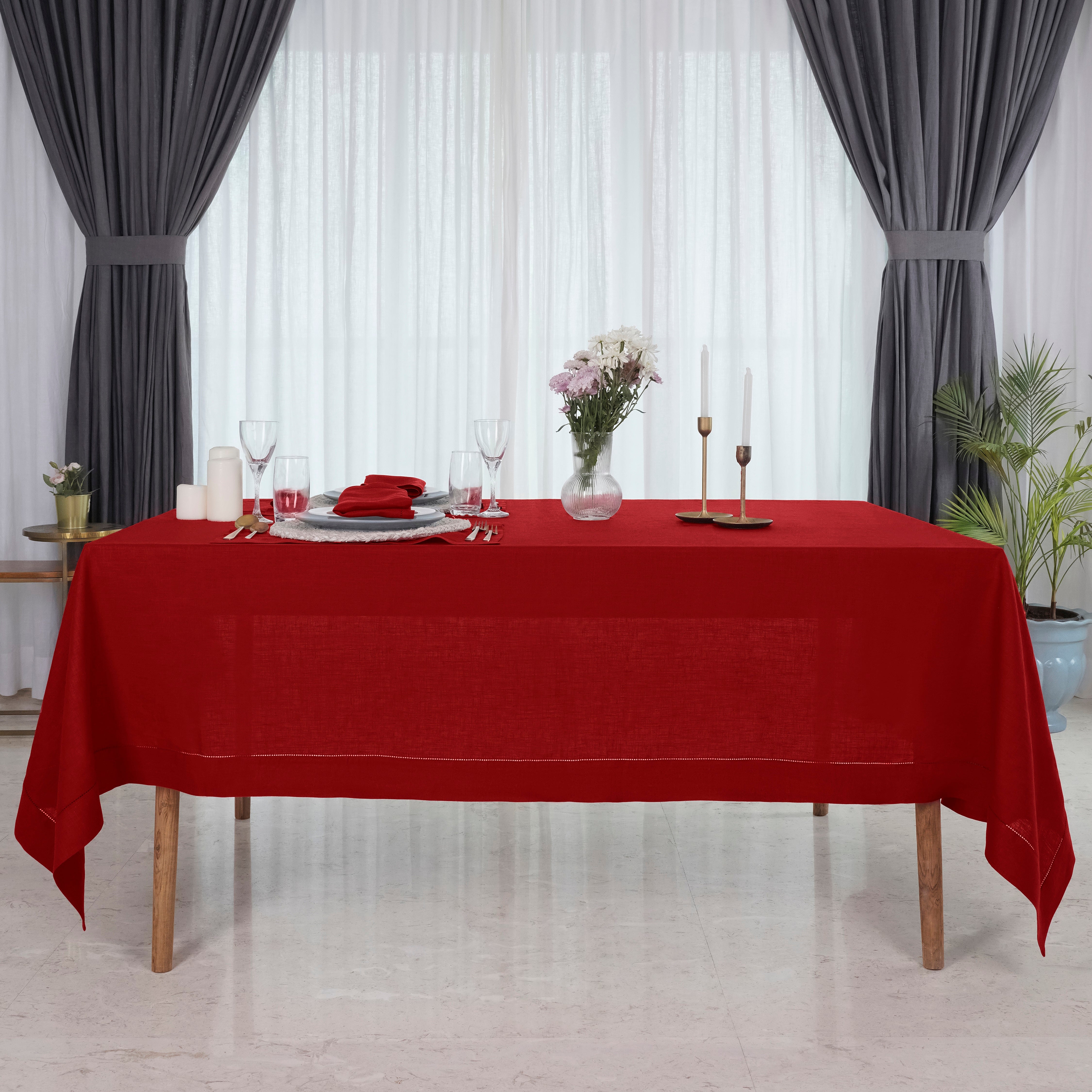 Red Linen Tablecloth, Hemstitch