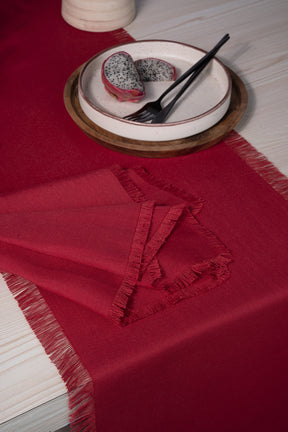 Red Linen Textured Table Runner - Fringe