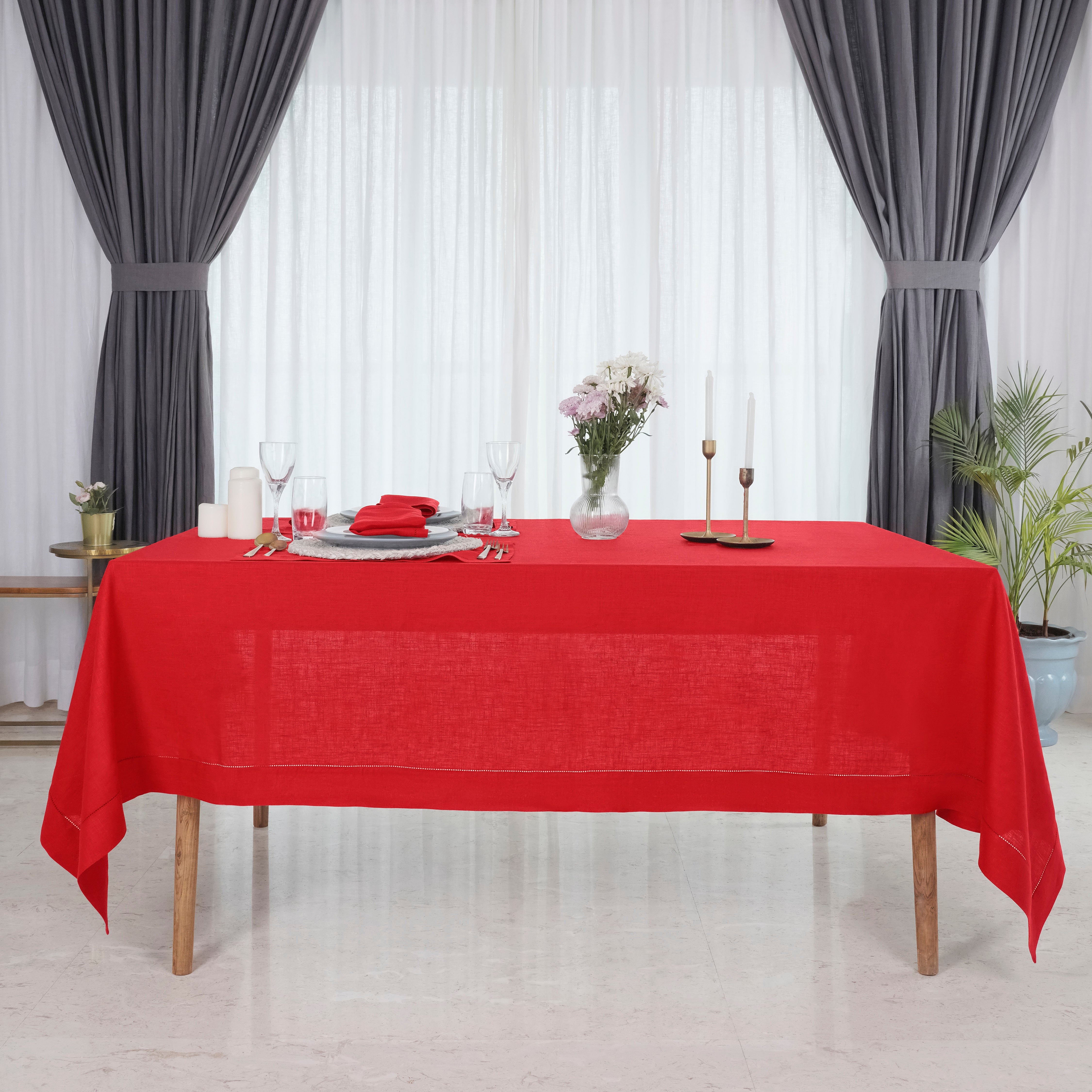 Bright Red Linen Tablecloth, Hemstitch