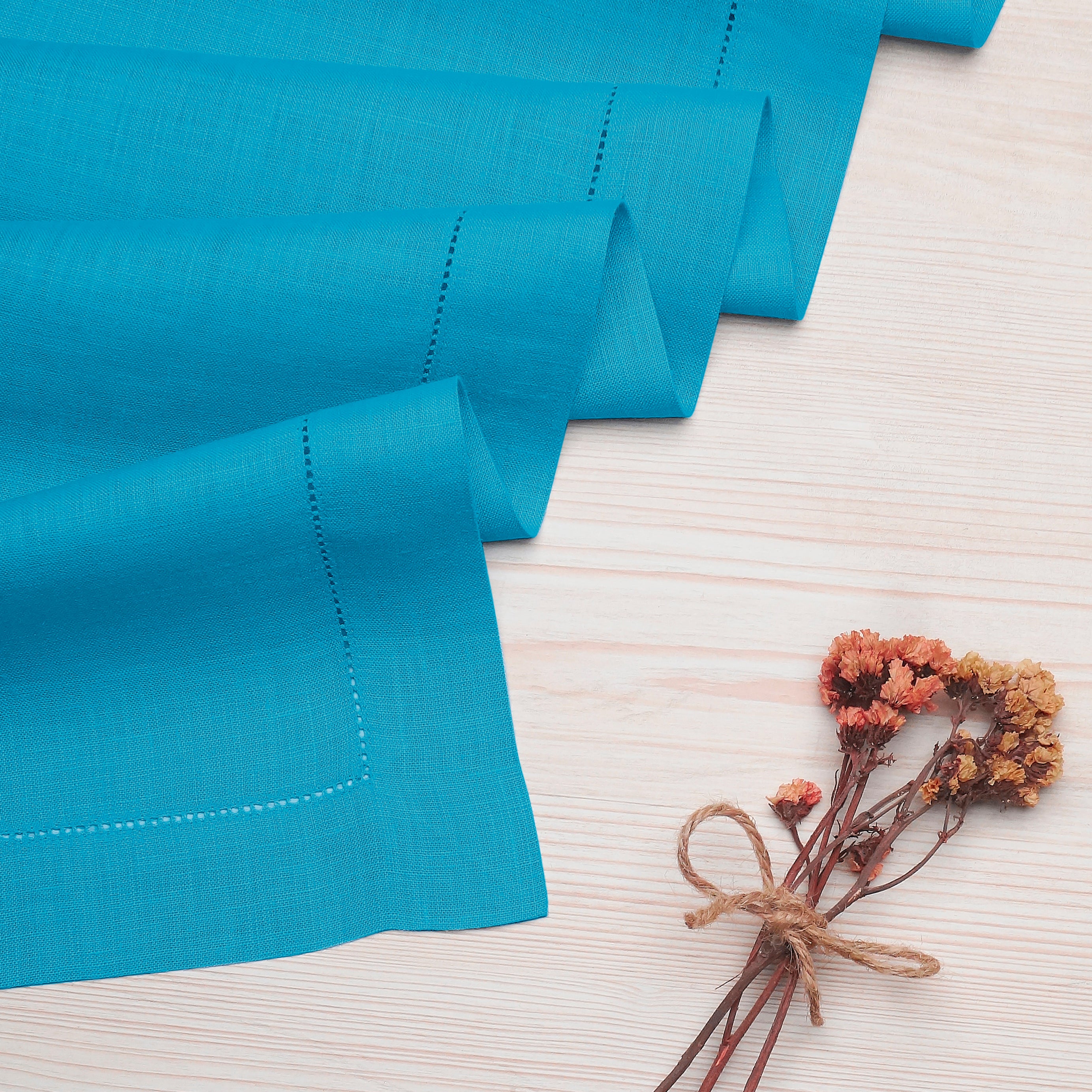 Cyan Blue Linen Table Runner, Hemstitch