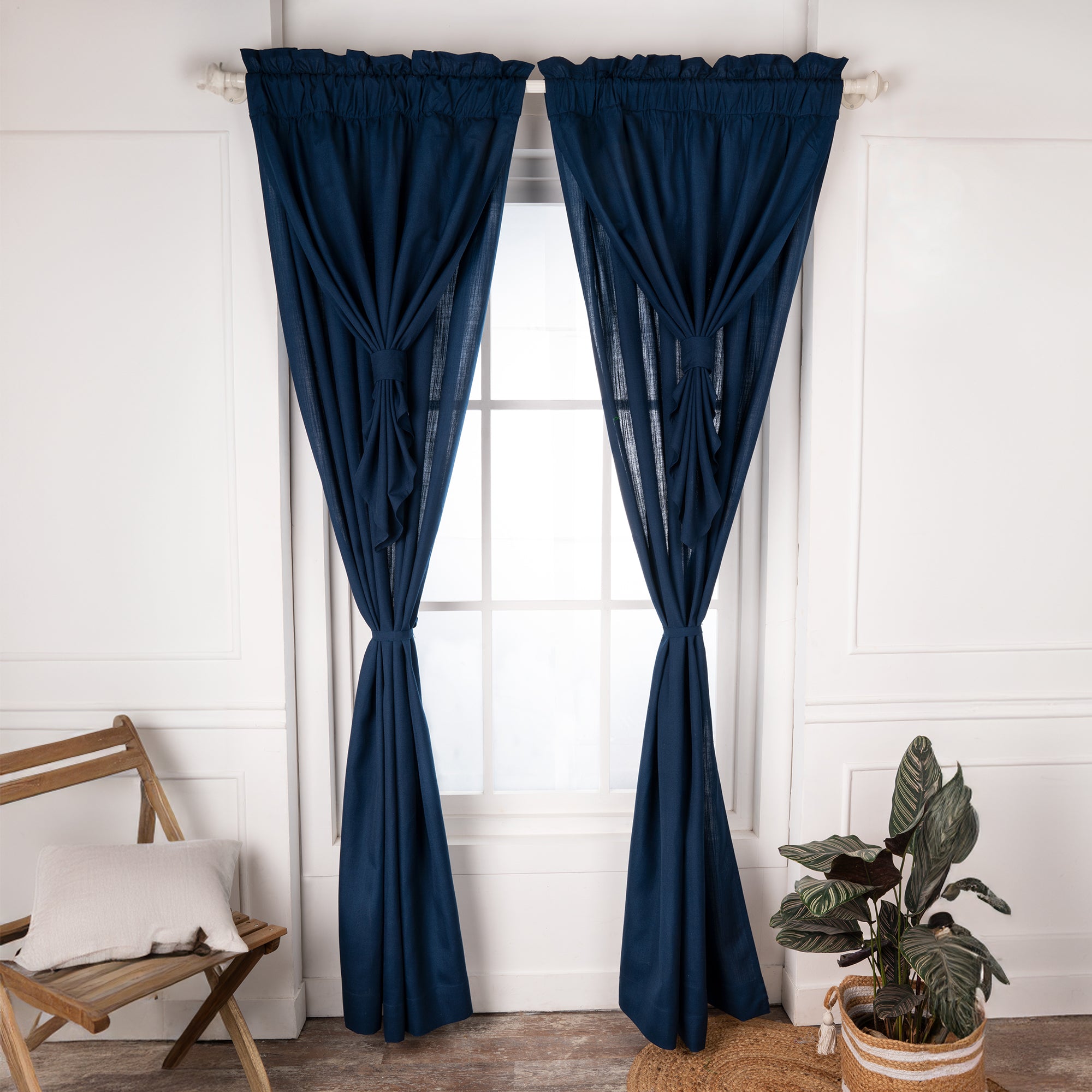 Navy Blue Faux Linen Royal Look Curtain