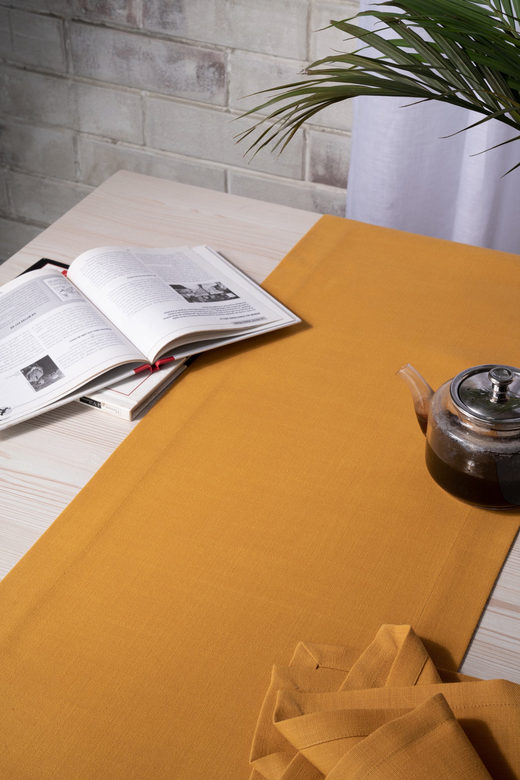 Mustard Linen Look Recycled Fabric Mitered Corner Table Runner