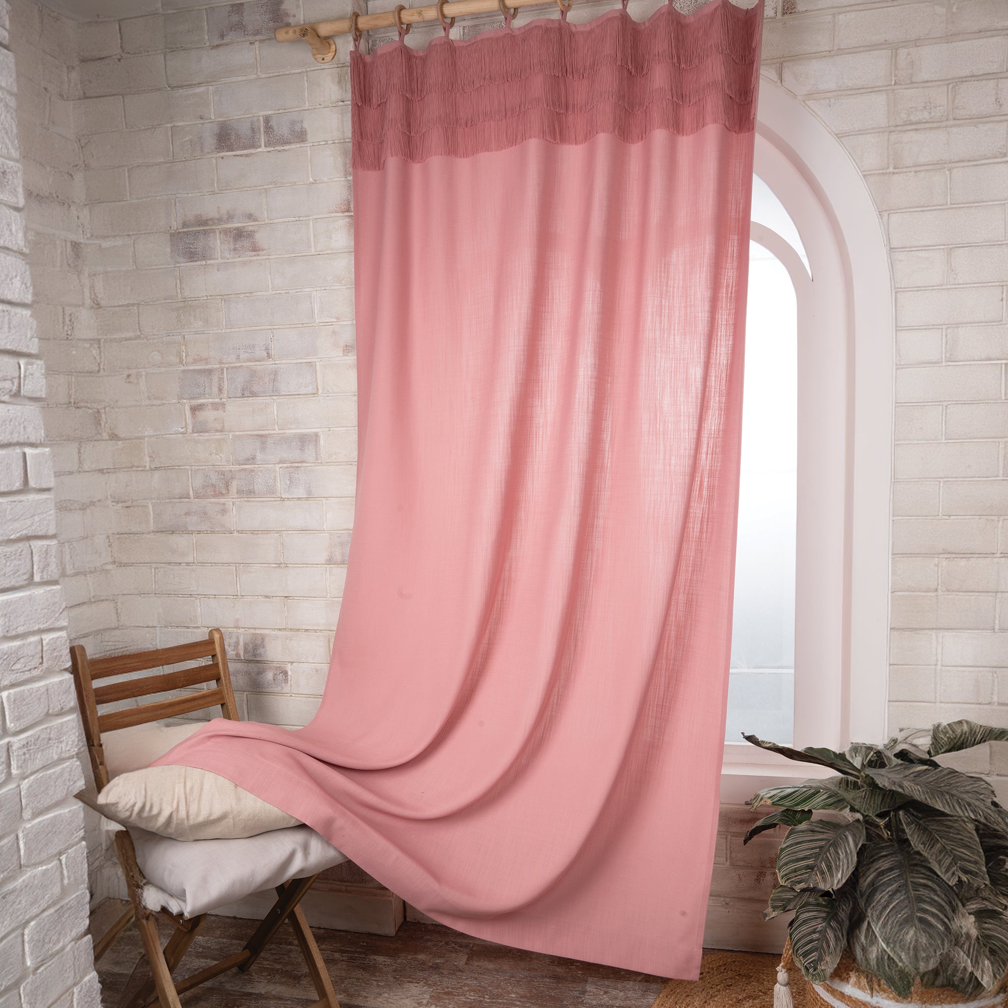 Dusty Pink Faux Linen Three Layer Fringe Curtain