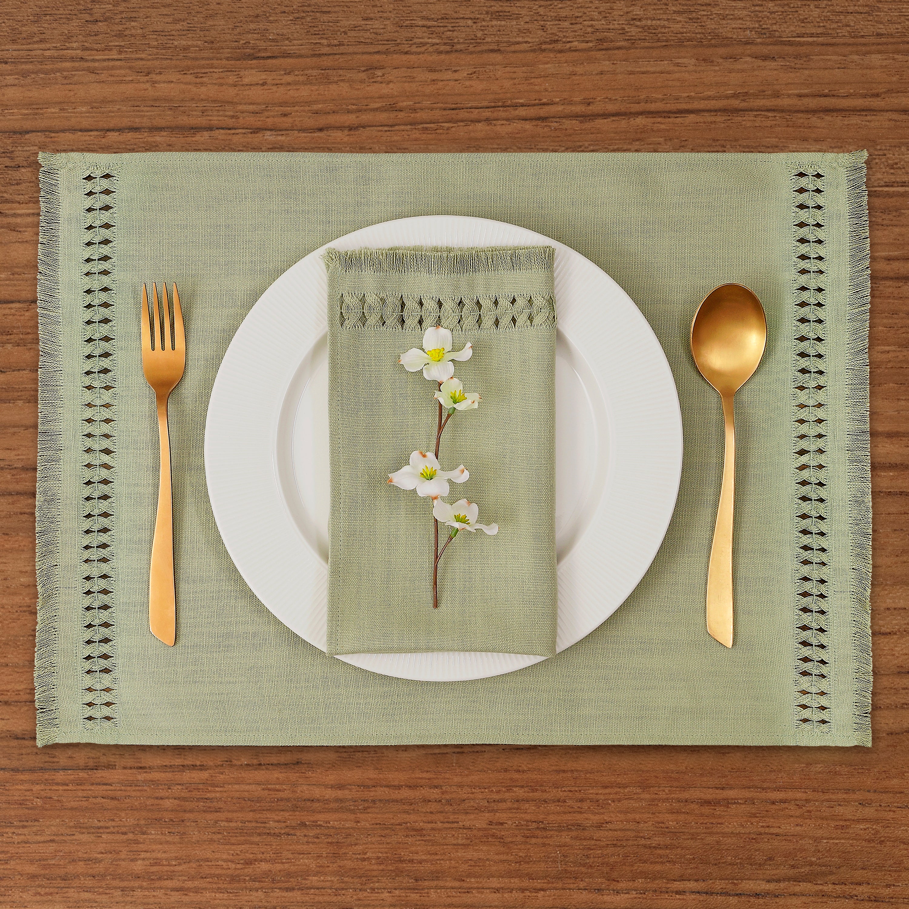 Sage Green Faux Linen Placemats, Hand Hemstitch, 14 x 19 inch, 6 pcs