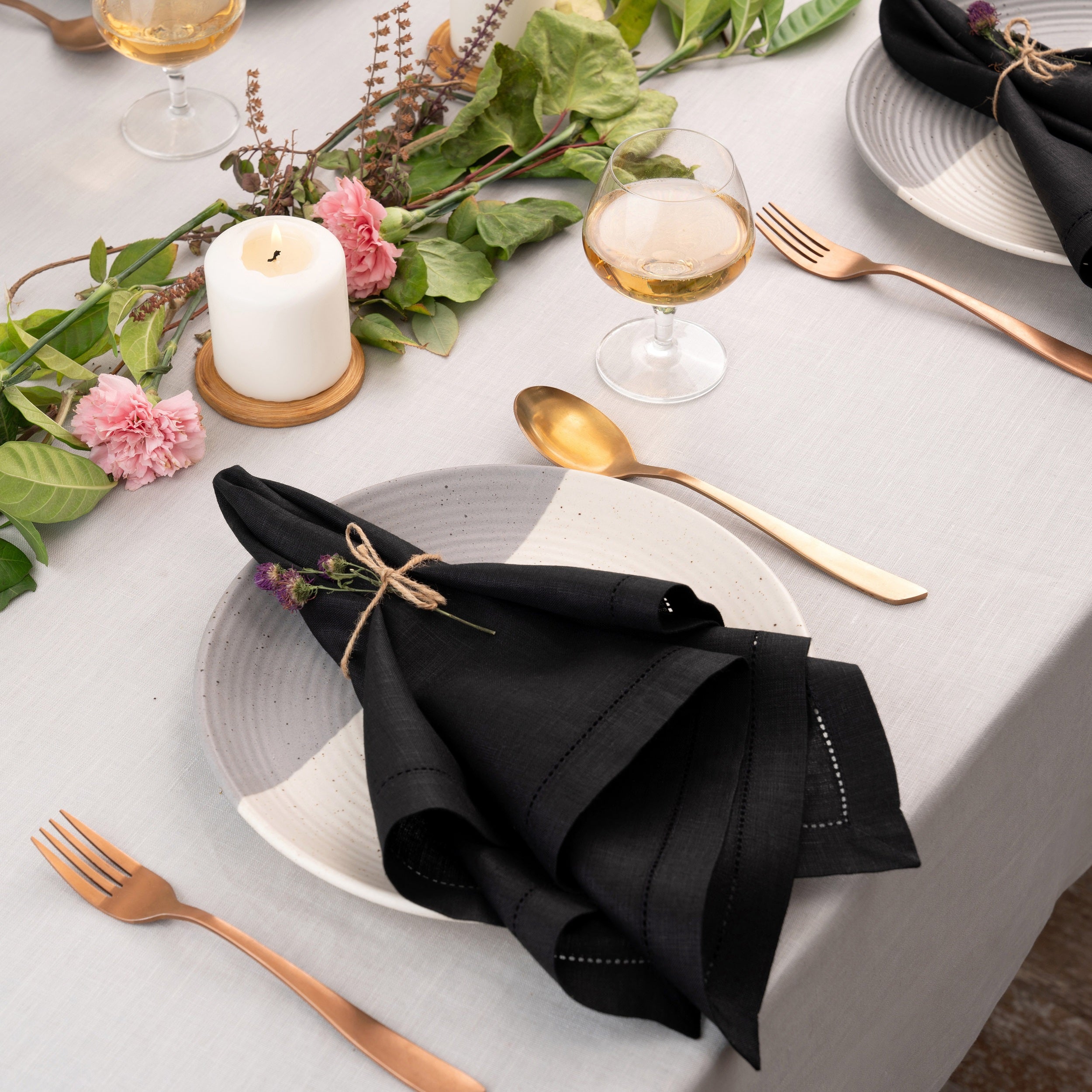 Black Linen Napkins, Hemstitch, 20 x 20 inch, 4 pcs