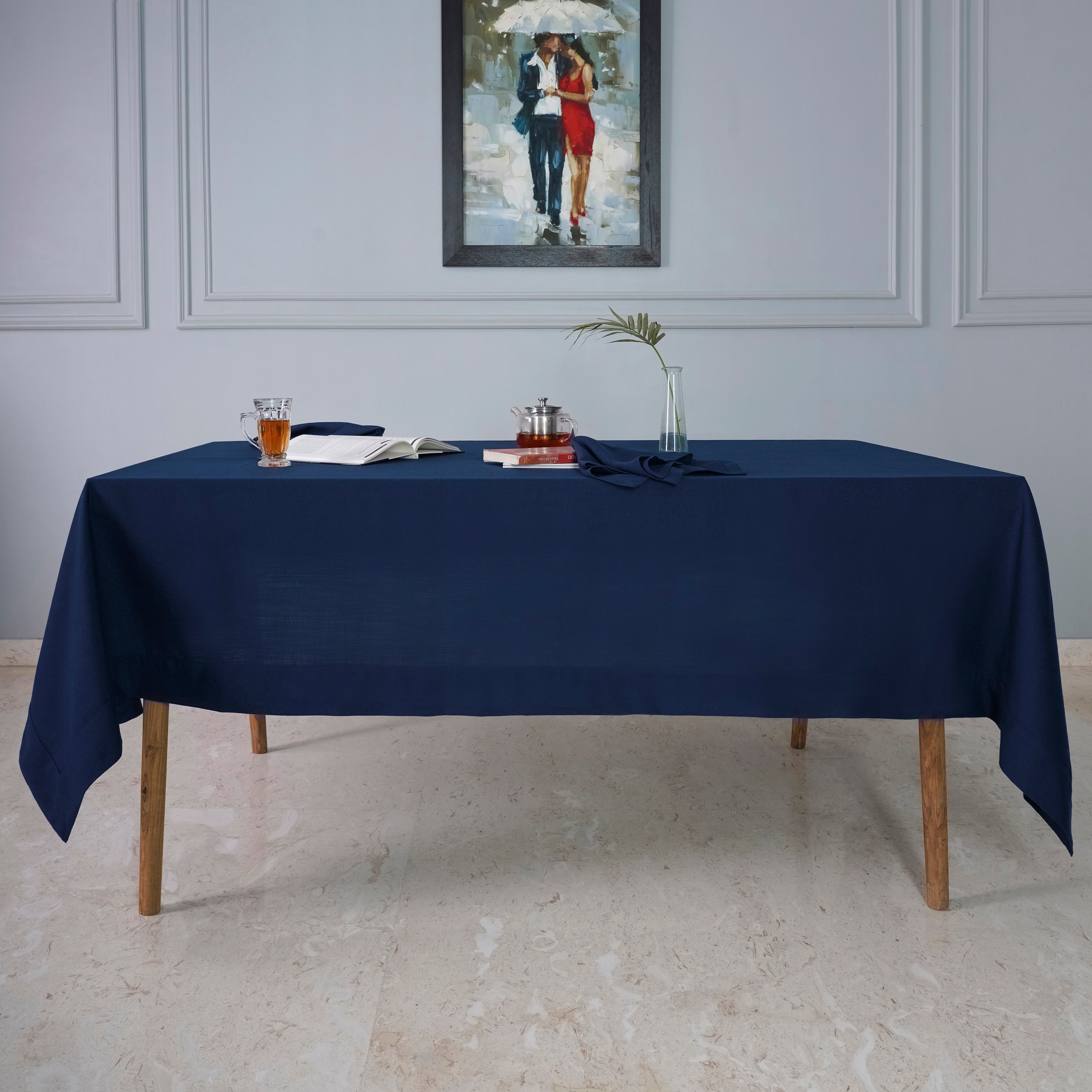 Navy Blue Tablecloth, Faux Linen, Mitered Corner