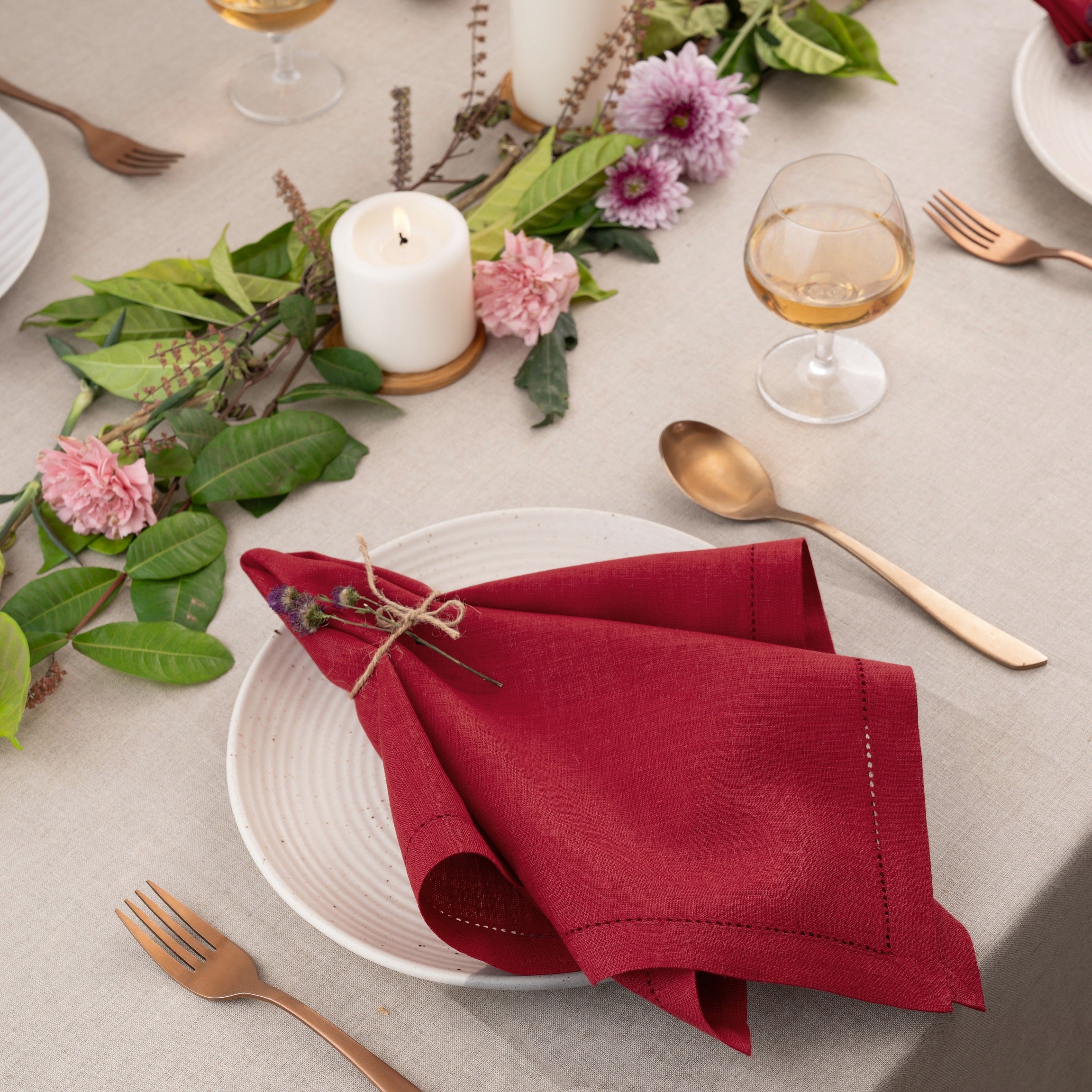 Red Linen Napkins, Hemstitch, 20 x 20 inch, 4 pcs