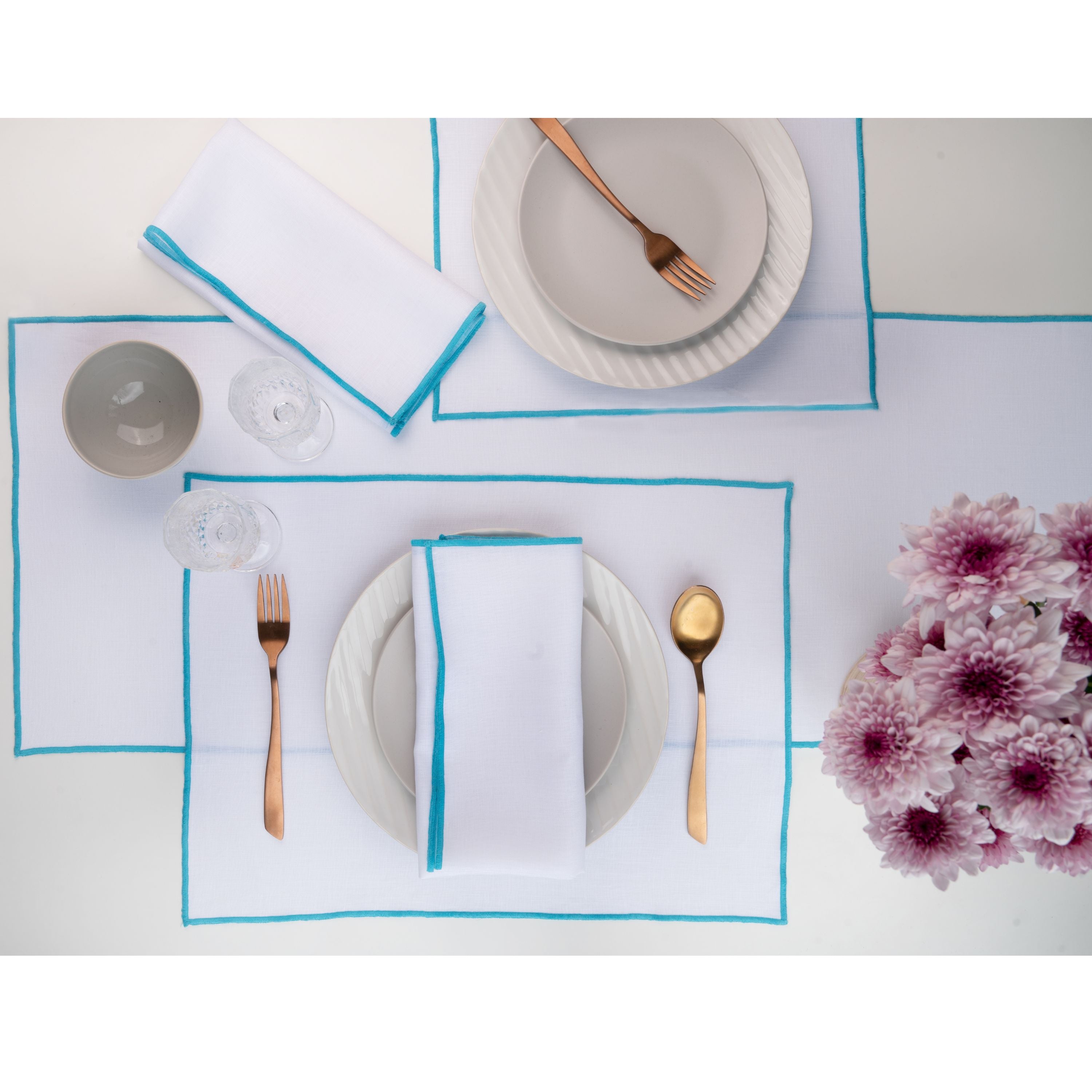 White and Blue Linen Placemats, Marrow Edge, 14 x 19 inch, 4 pcs