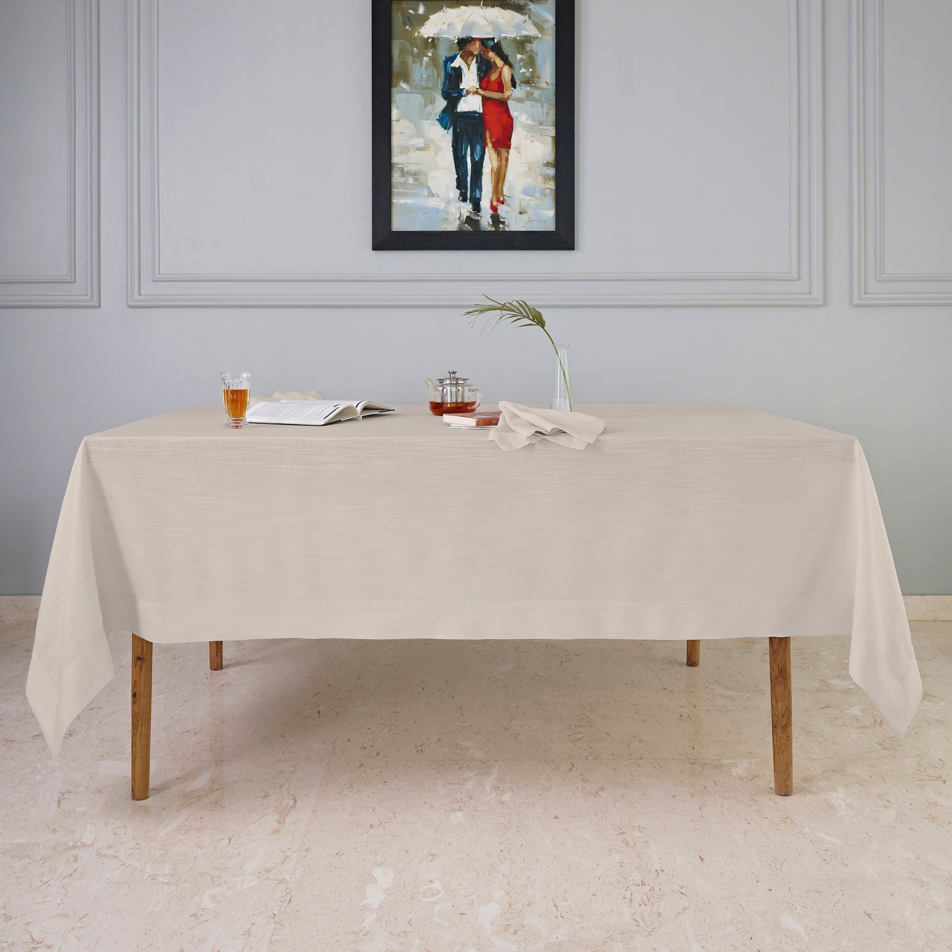 Natural Tablecloth, Faux Linen, Mitered Corner