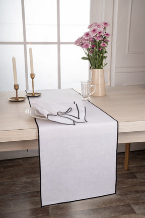 White And Black Marrow Edge Table Runner- 100% Pure Linen