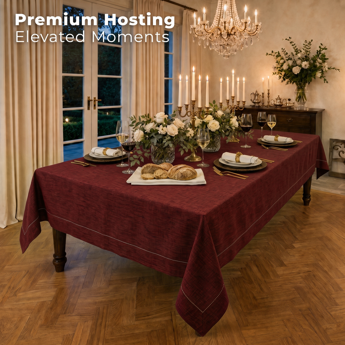 Signature Linen™ Red Garnet Chambray Tablecloth - Hemstitch