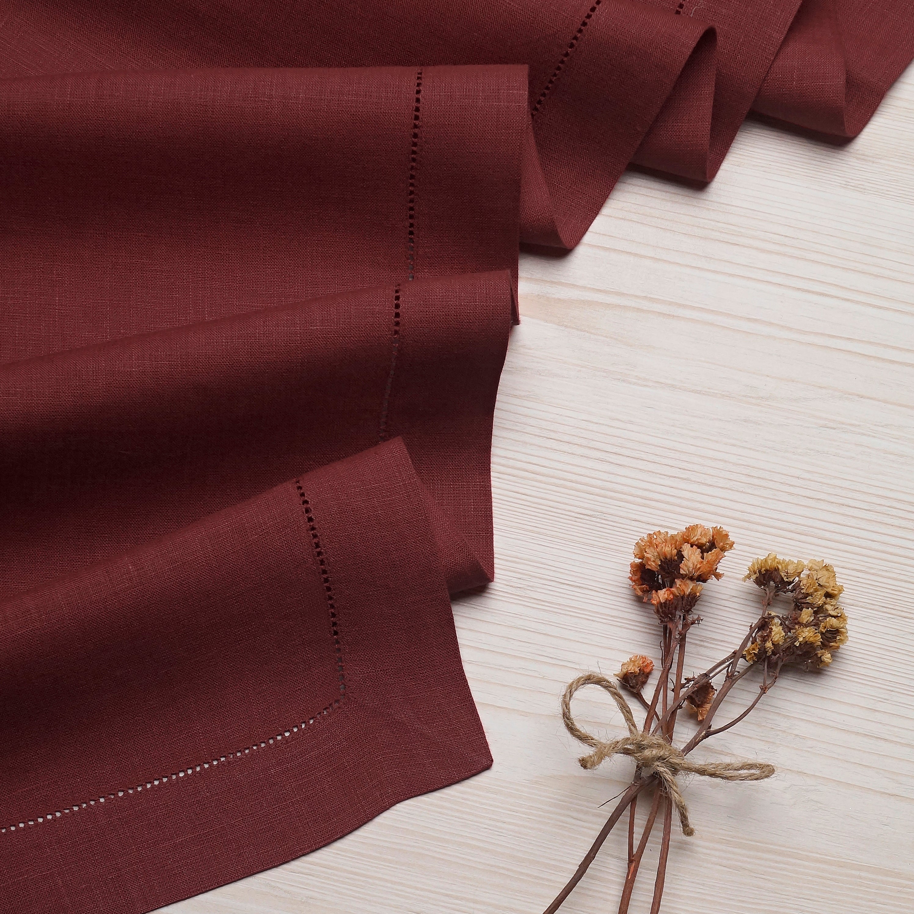 Dark Red Linen Table Runner, Hemstitch