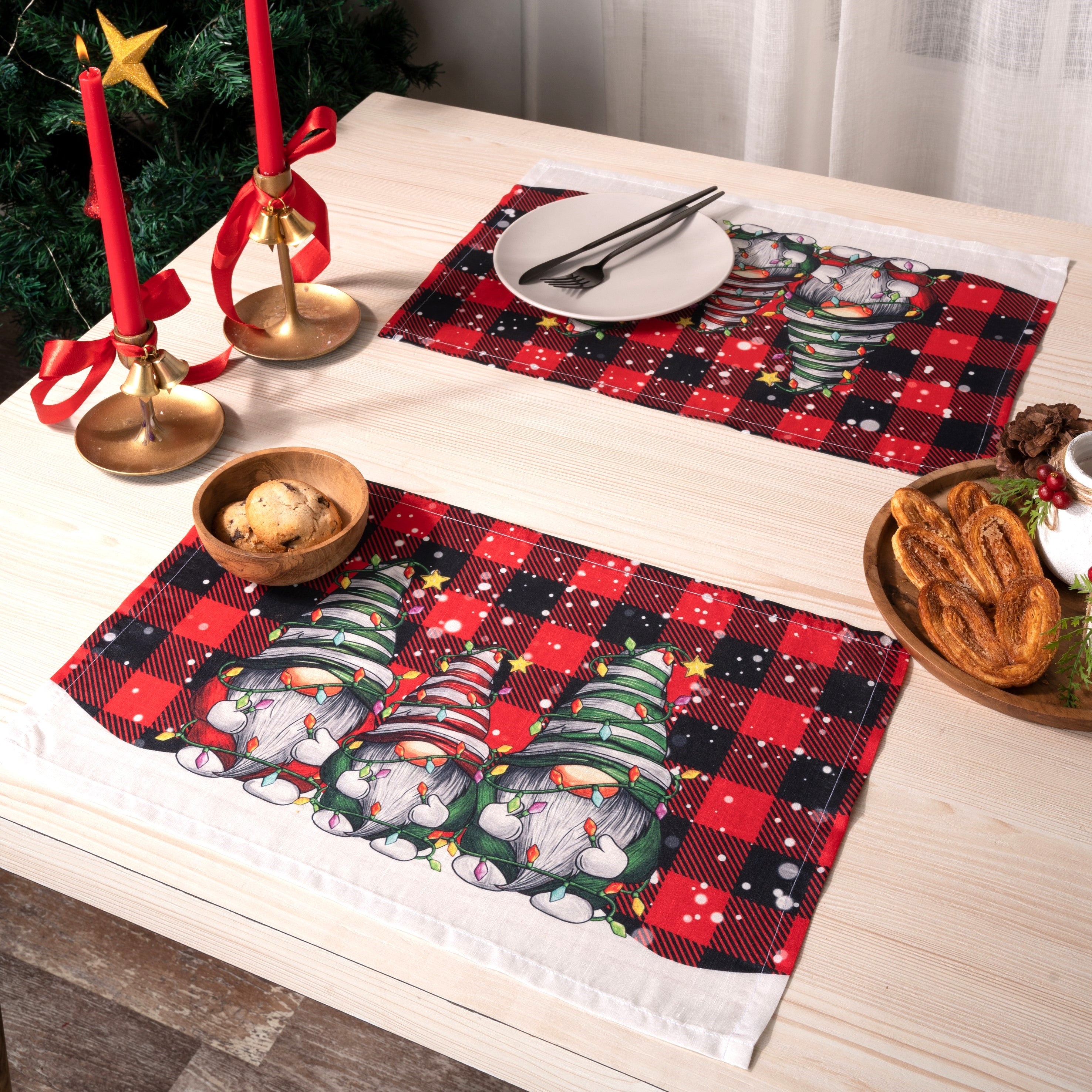 Gnomes Plaid Vegan Silk Placemats 13 x 18 Inch Set of 4 - Christmas Print