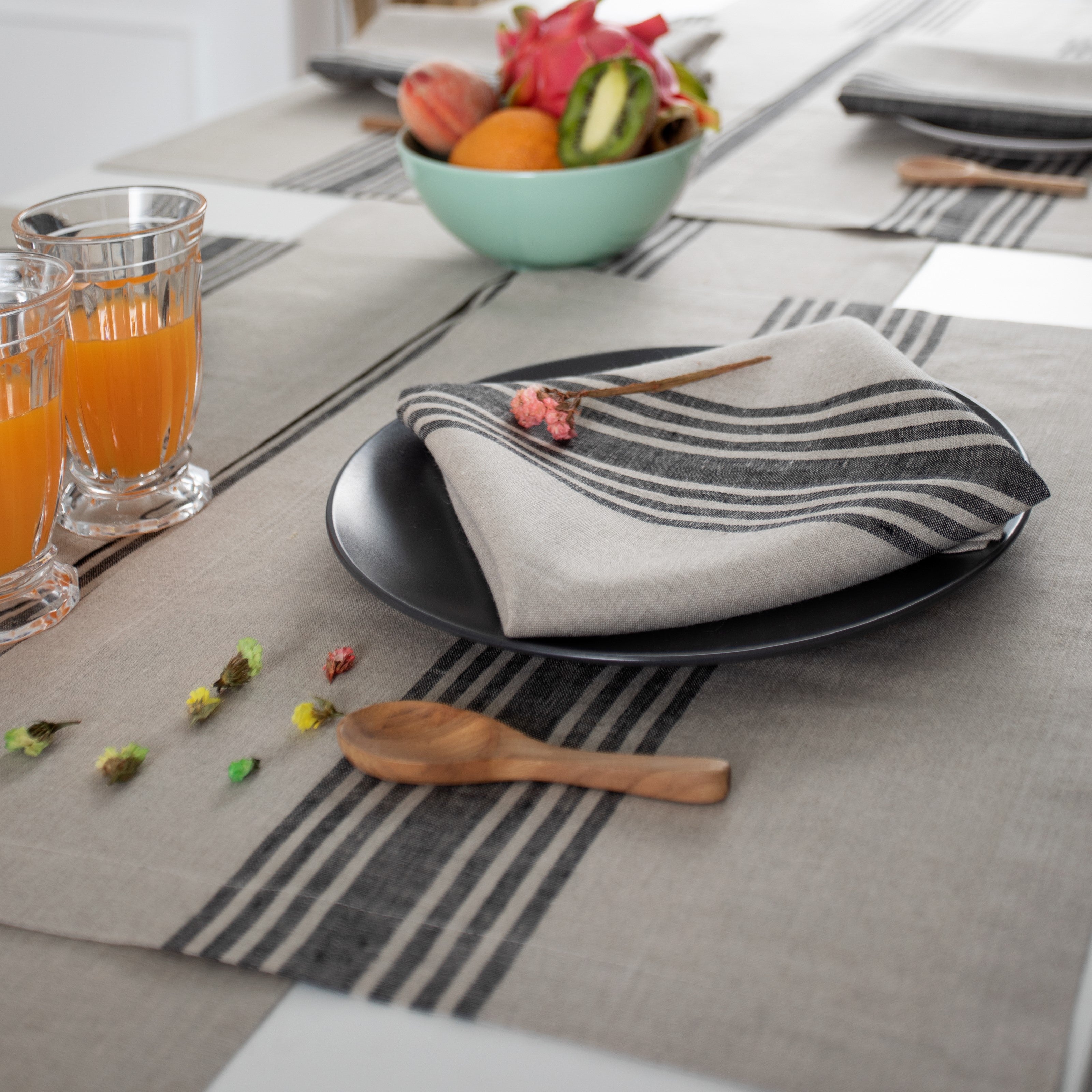 Natural and Black Linen Table Runner, Farmhouse