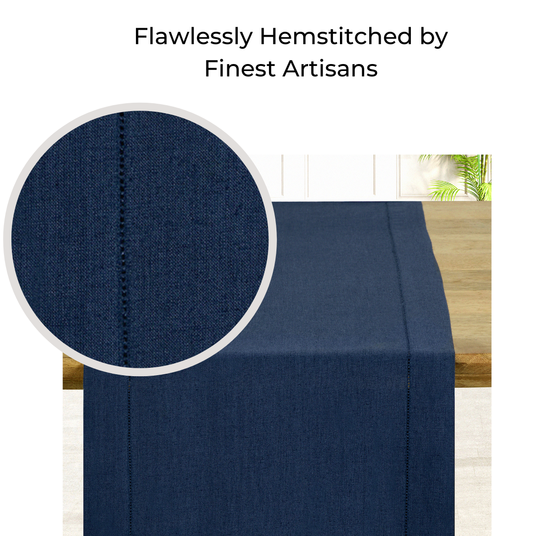 Navy Blue Linen Table Runner, Hemstitch