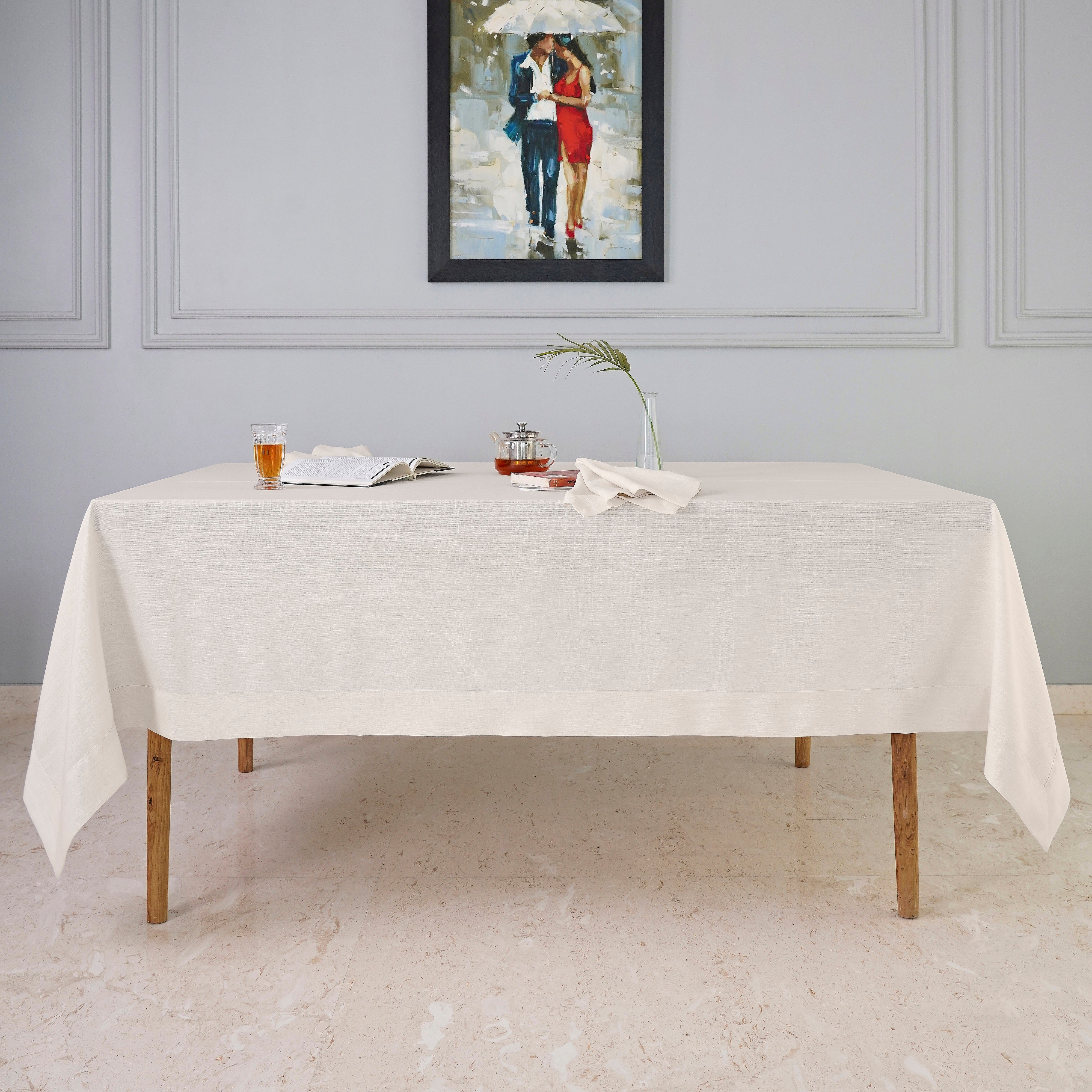 Ivory Tablecloth, Faux Linen, Mitered Corner