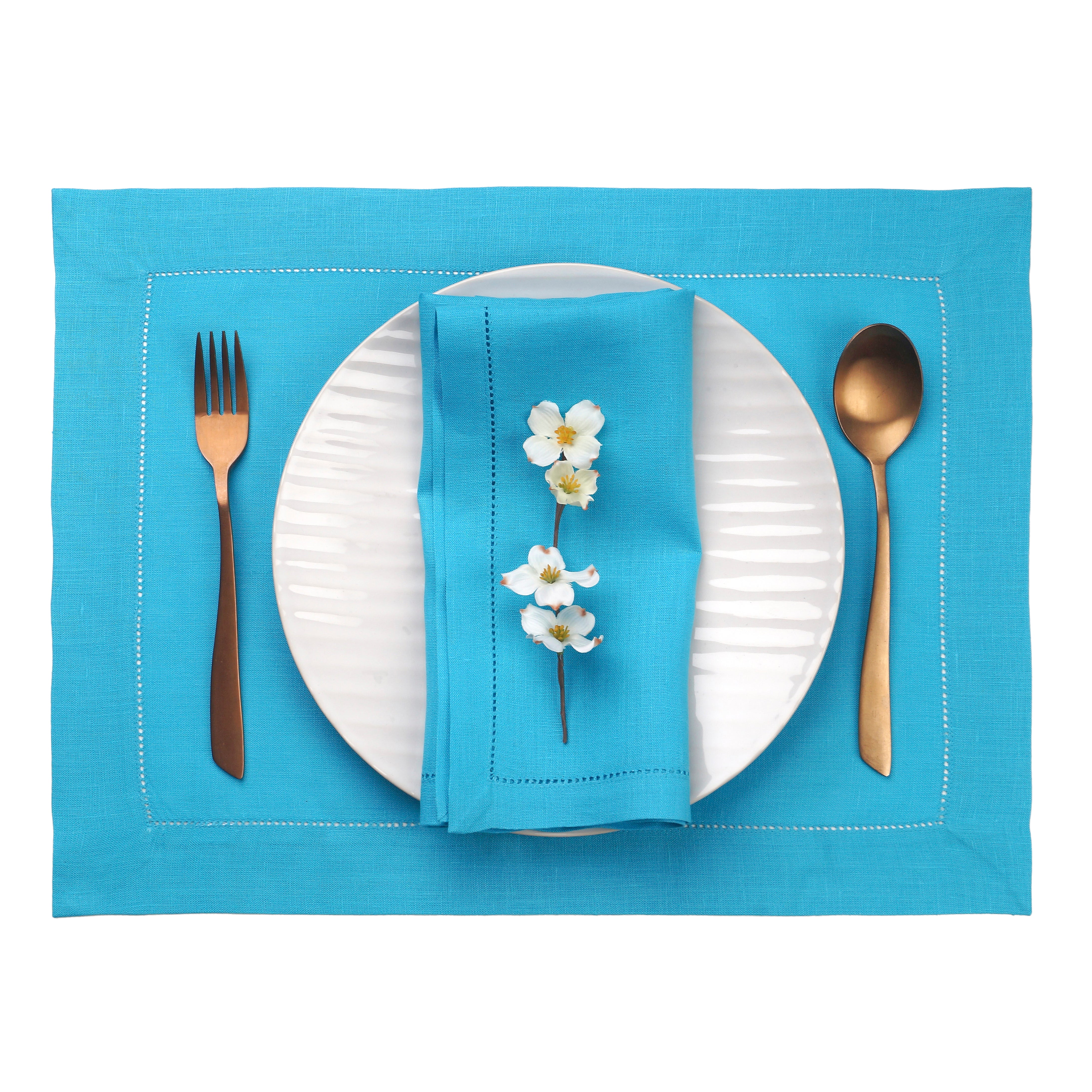 Cyan Blue Linen Placemats, Hemstitch, 14 x 19 inch, 4 pcs