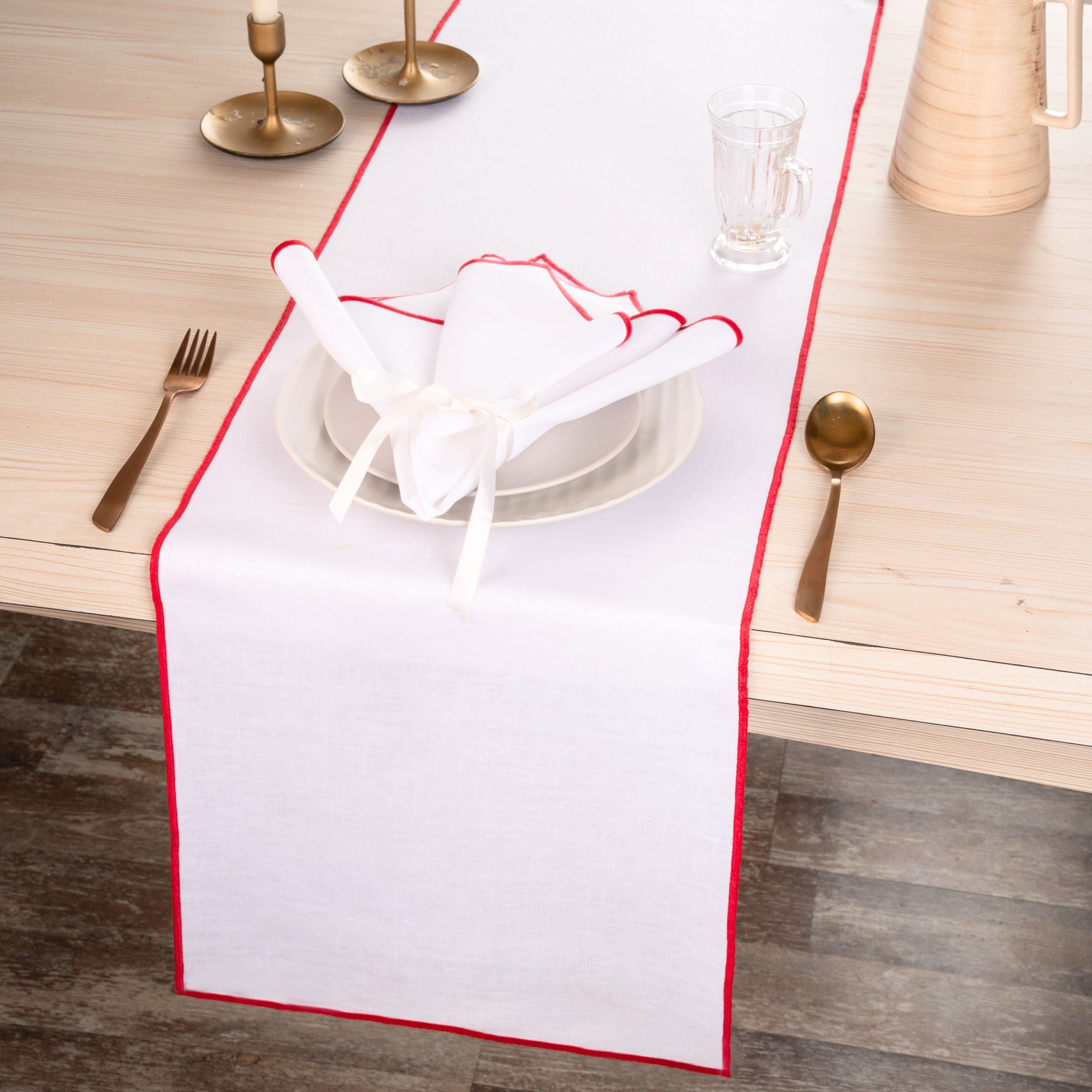 White and Red Linen Table Runner, Marrow Edge