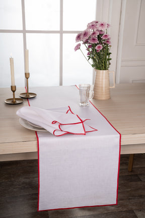 White And Red Marrow Edge Table Runner- 100% Pure Linen
