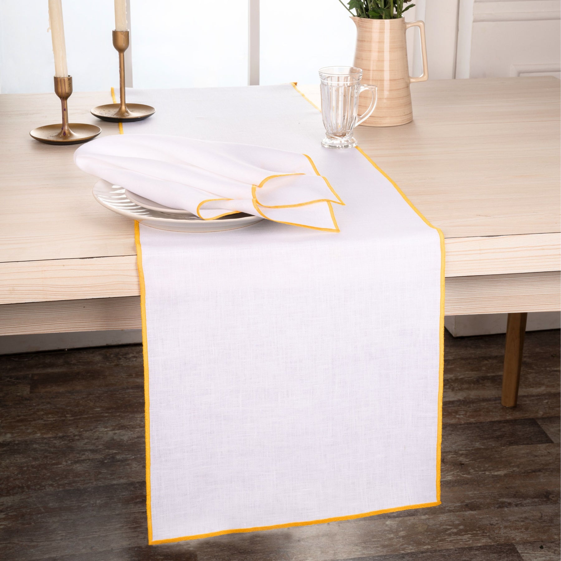 White & Yellow Linen Table Runner- Marrow Edge
