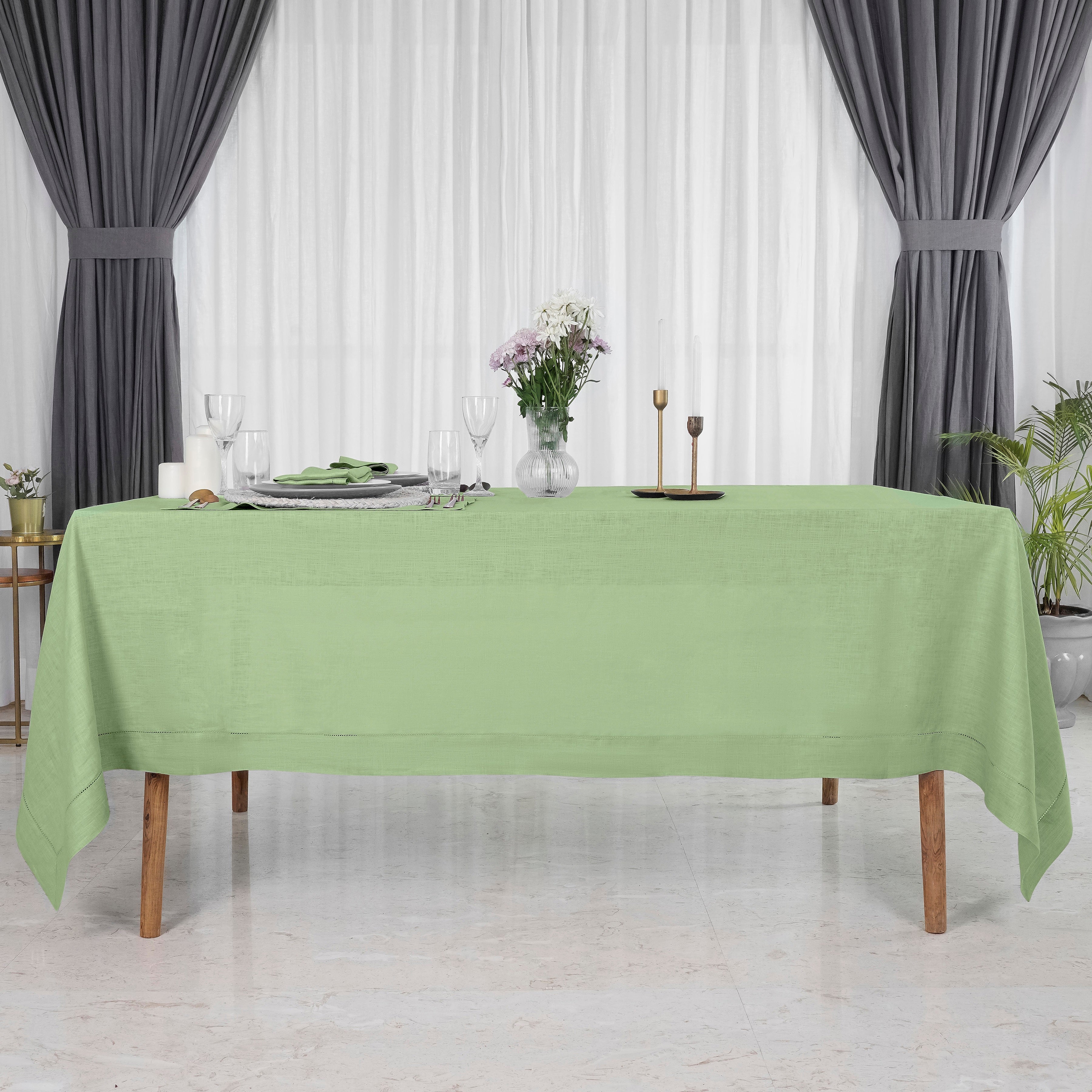 Sage Green Linen Tablecloth, Hemstitch