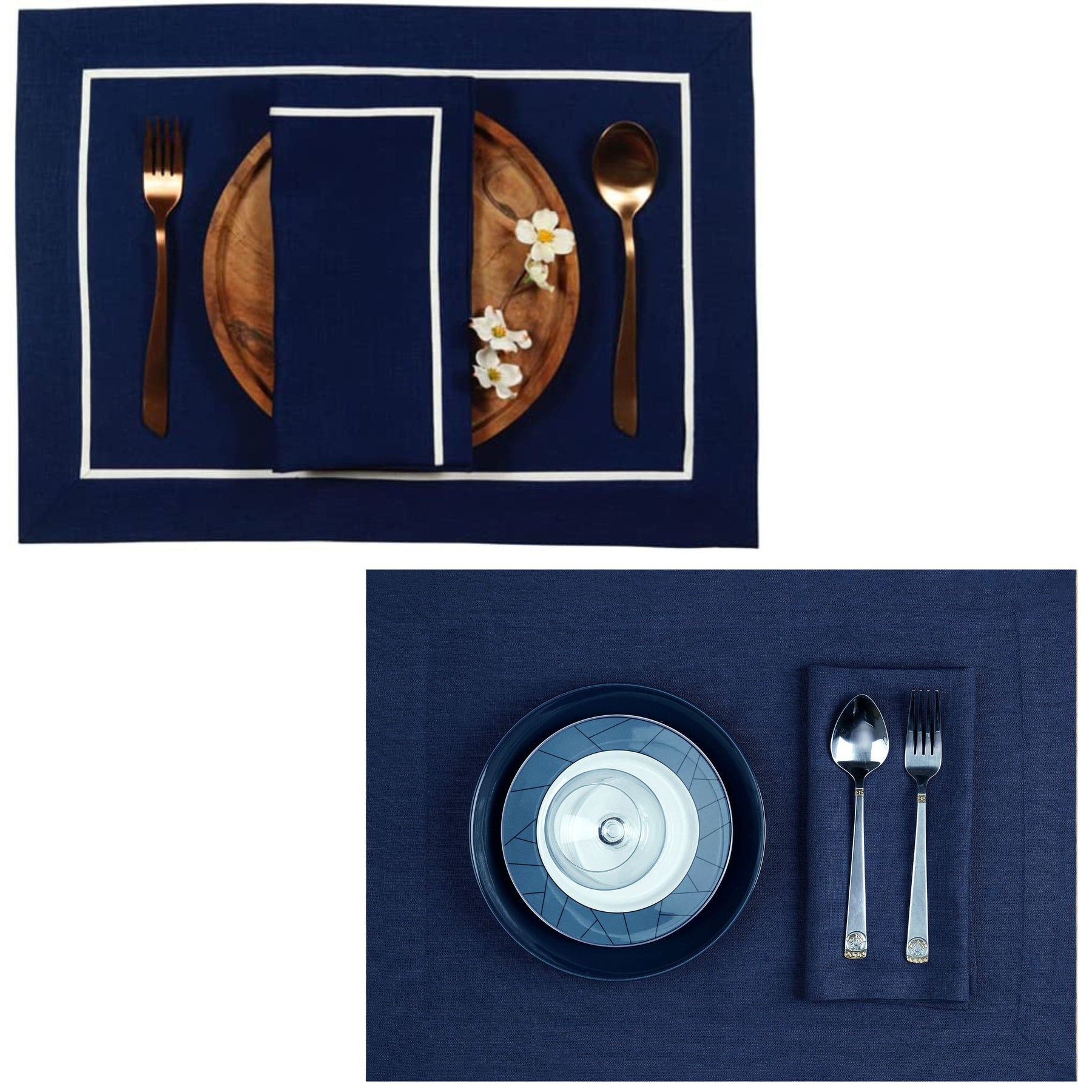 Navy Blue & White Linen Placemats 14 x 19 Inch Set of 4 - Reversible