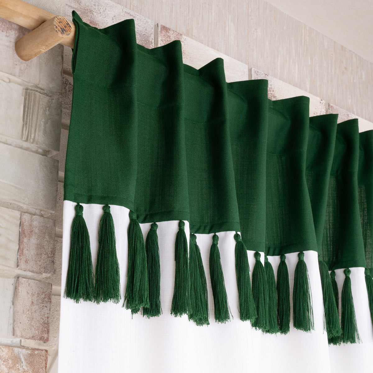 White & Eden Green Faux Linen Tassel Curtains | 1 Panel