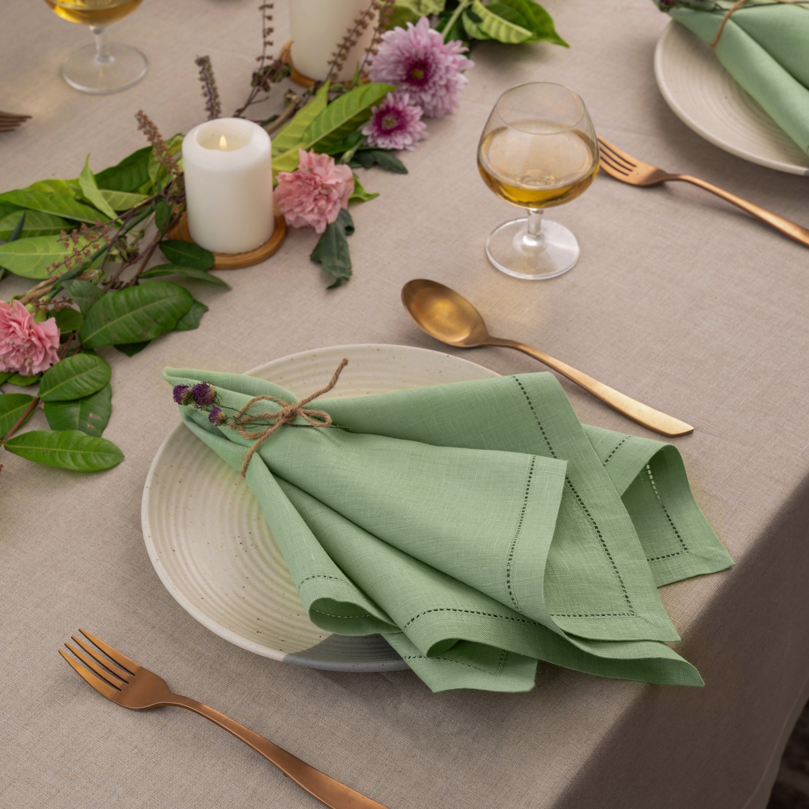 Sage Green Linen Napkins, Hemstitch, 20 x 20 inch, 4 pcs