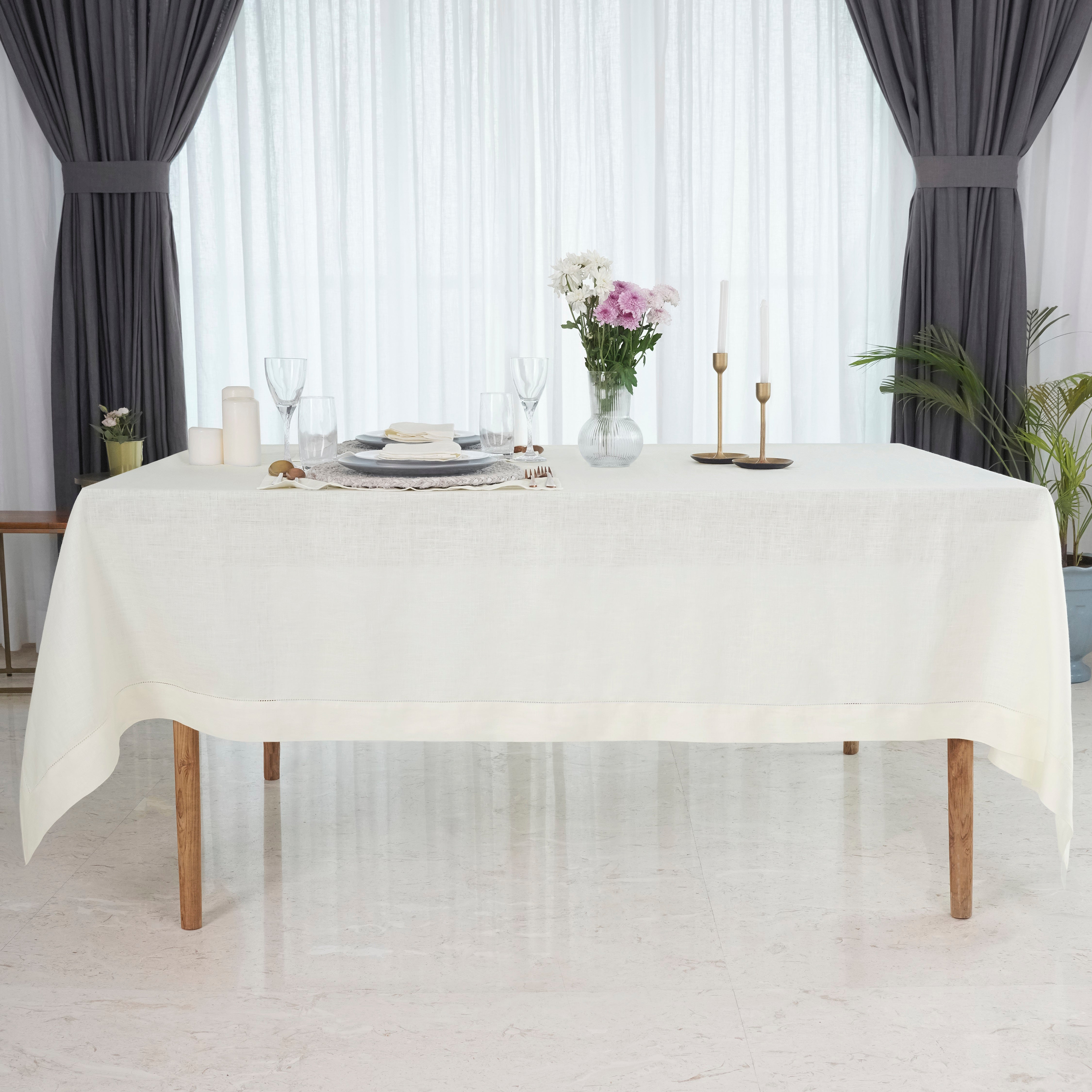 Ivory Linen Tablecloth, Hemstitch