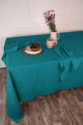 Teal Blue Linen Tablecloth - Hemmed