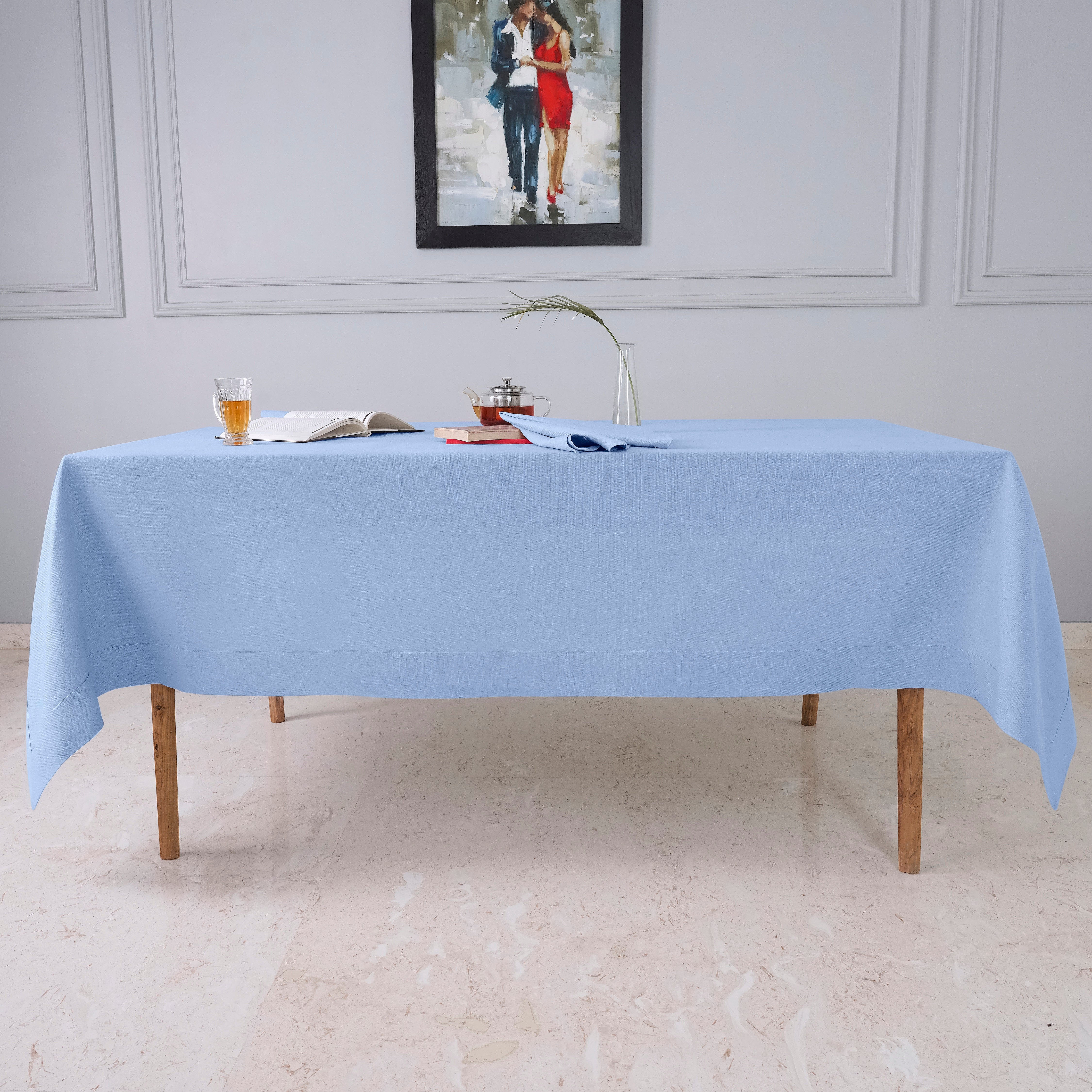 Light Blue Tablecloth, Faux Linen, Mitered Corner