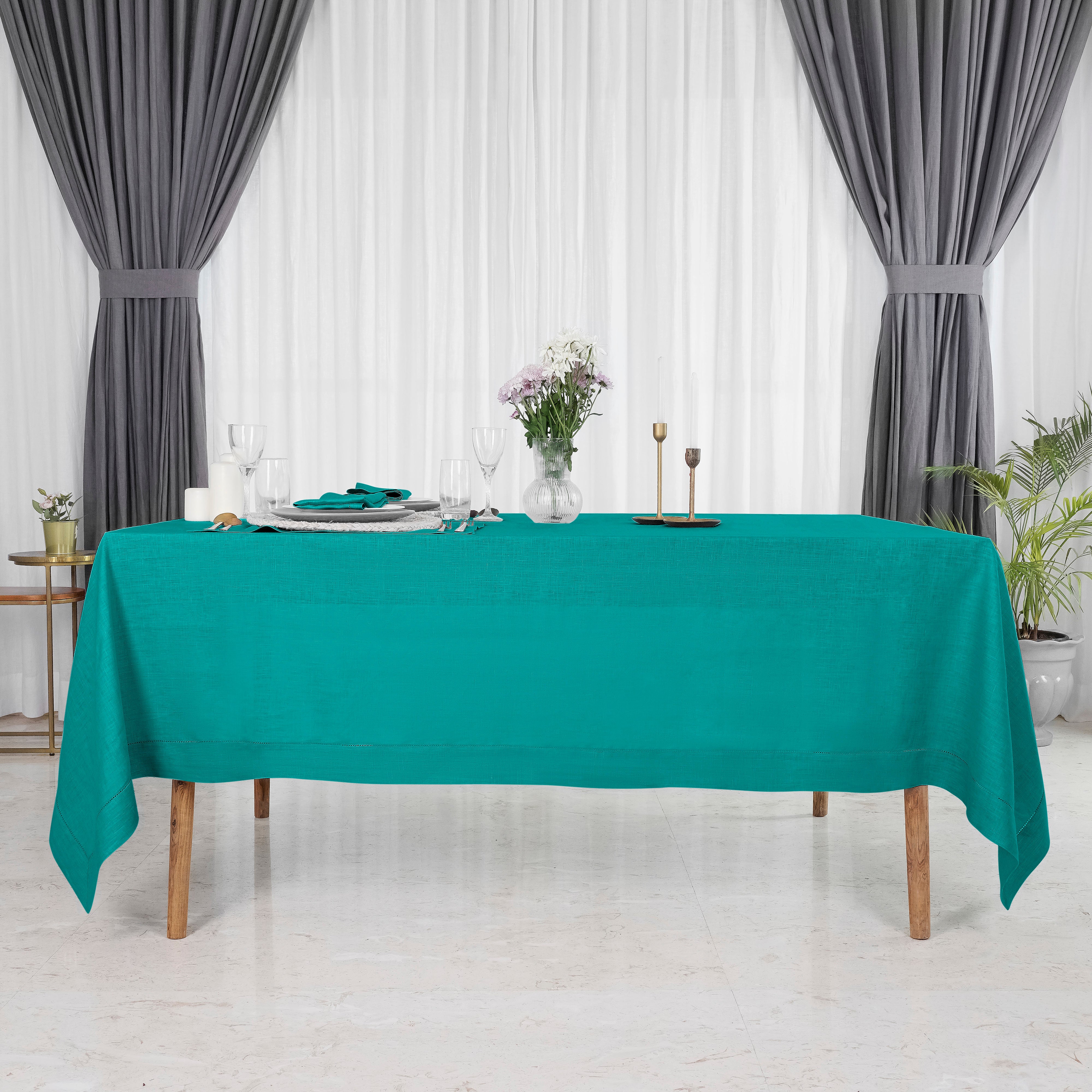 Teal Blue Linen Tablecloth, Hemstitch