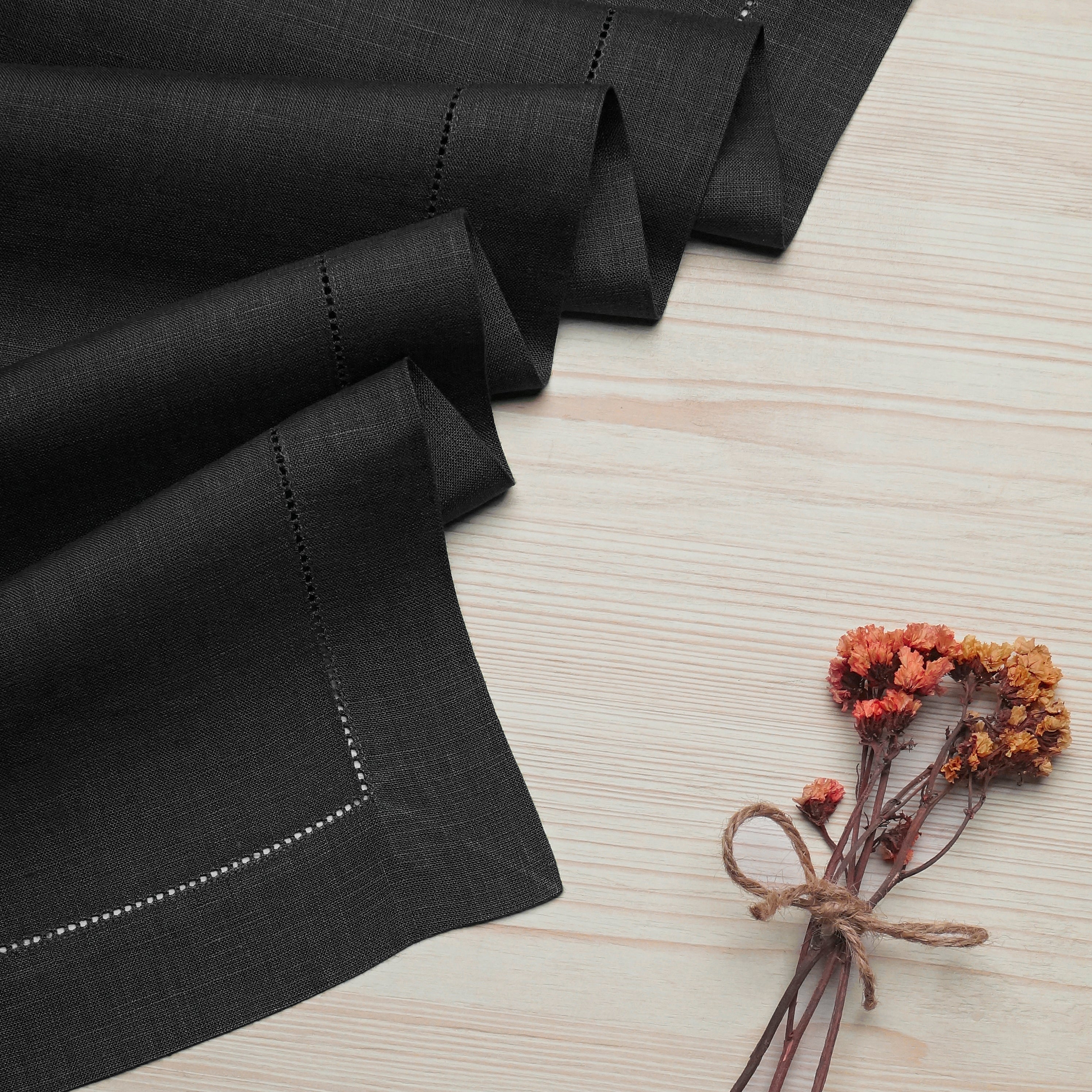 Black Linen Table Runner, Hemstitch