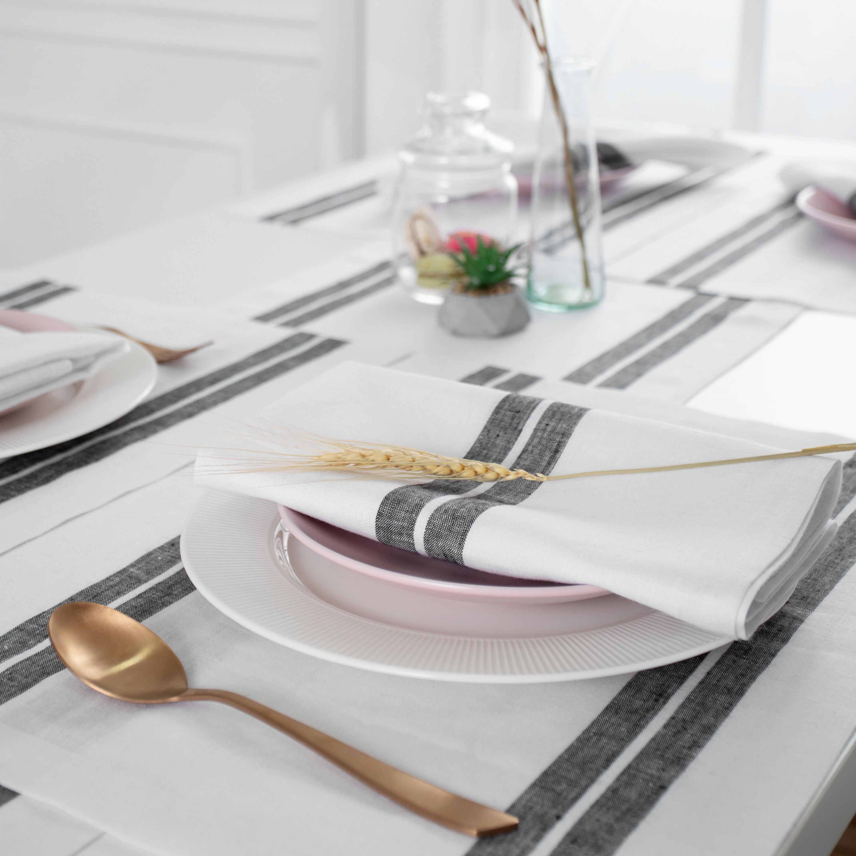 White and Black Linen Placemats, French Stripe, 14 x 19 inch, 4 pcs