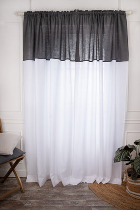 White and Charcoal Grey Linen Color Block Curtains | 1 Panel