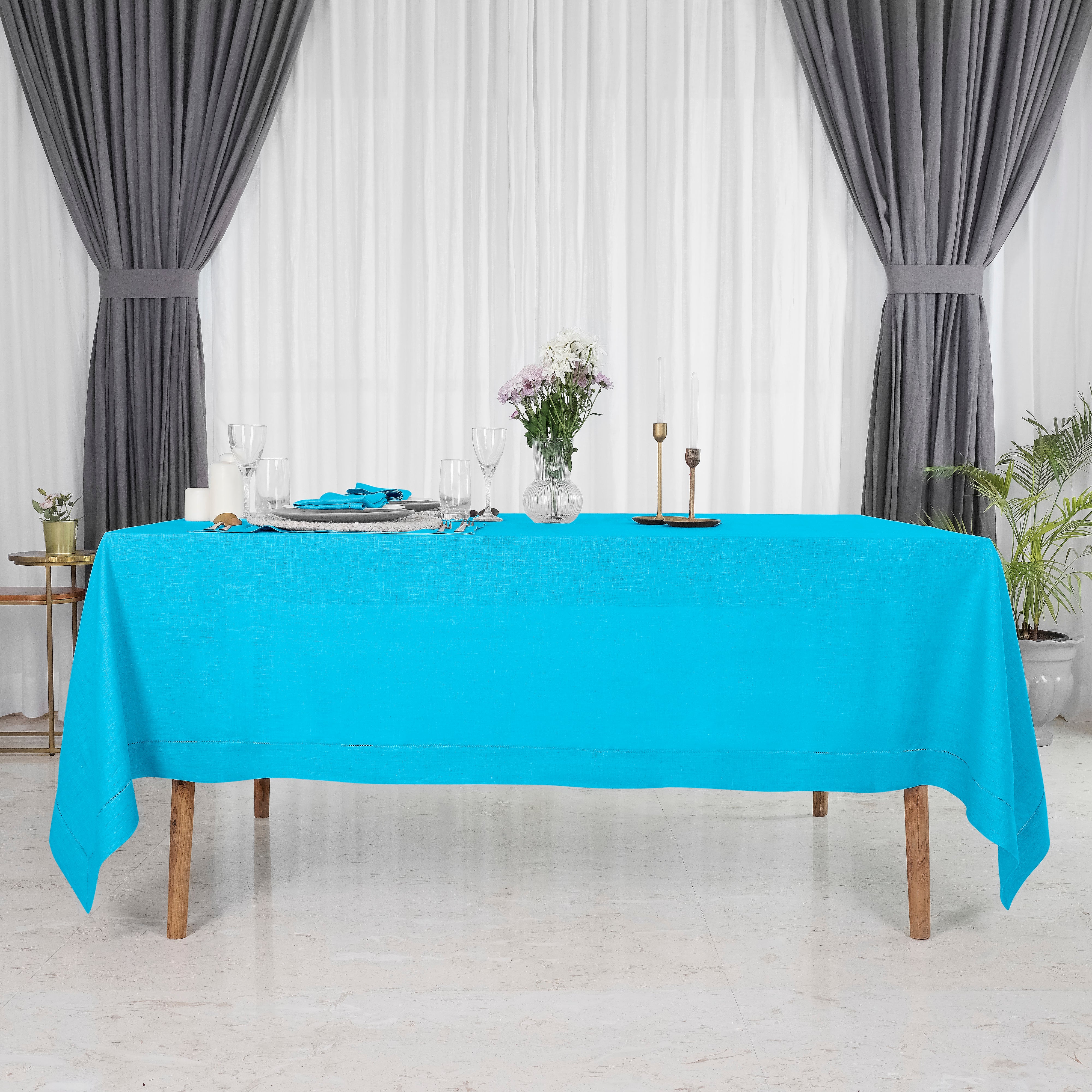 Cyan Blue Linen Tablecloth, Hemstitch