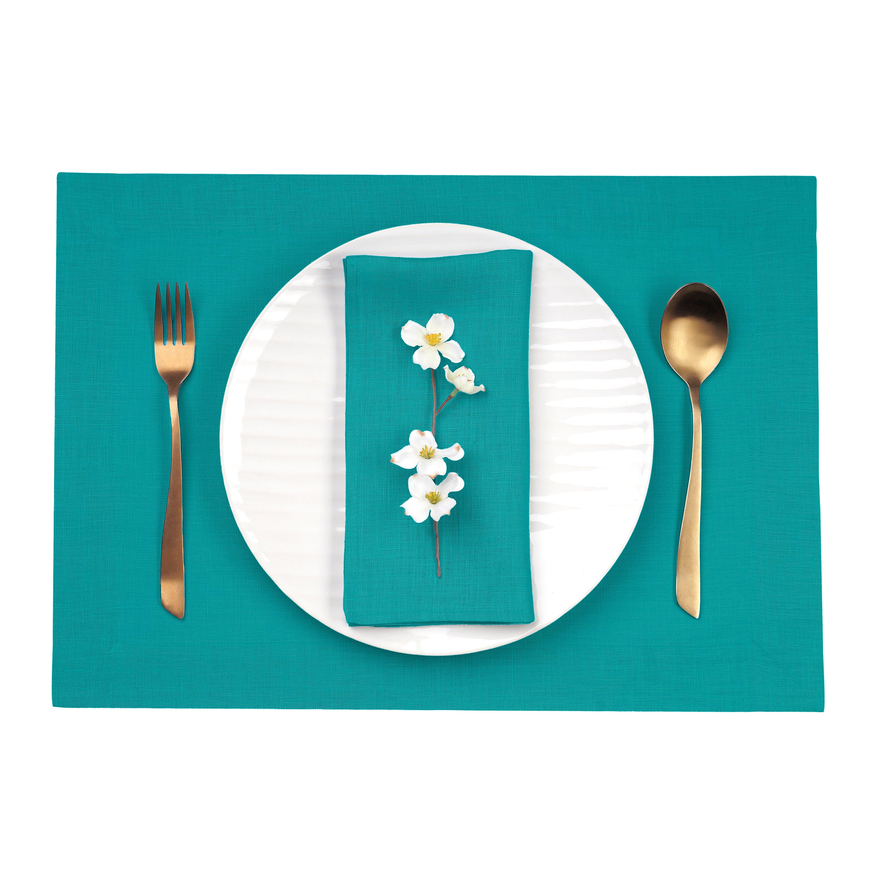 Teal Blue Linen Placemats, Hemmed, 14 x 19 inch, 4 pcs