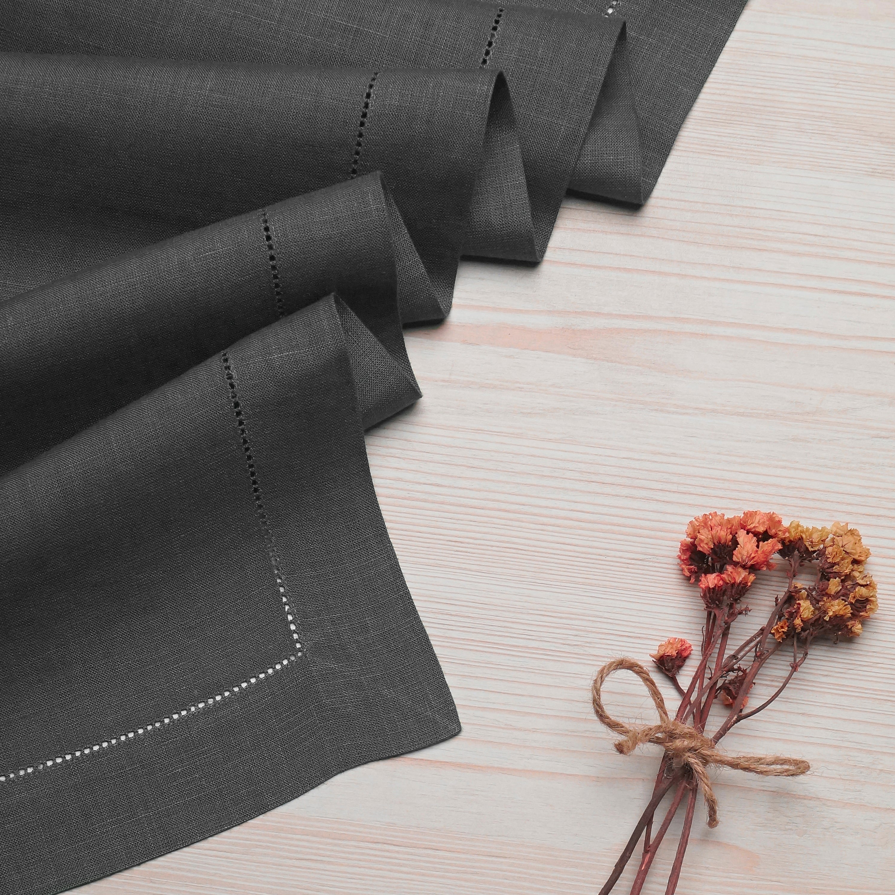 Charcoal Grey Linen Table Runner, Hemstitch