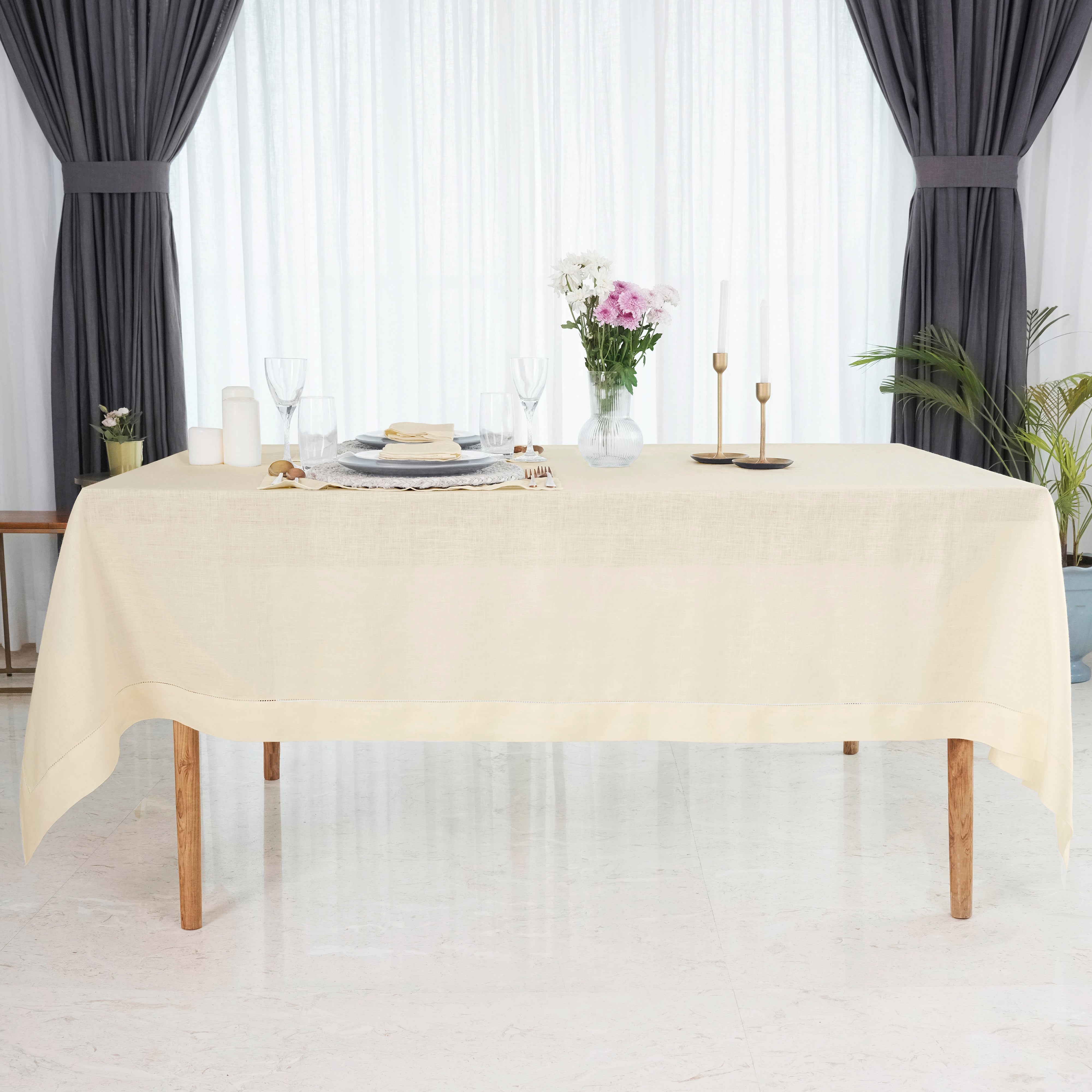 Vanilla Cream Linen Tablecloth, Hemstitch