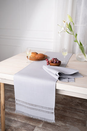 Light Grey Linen Textured Table Runner - Hand Hemstitch