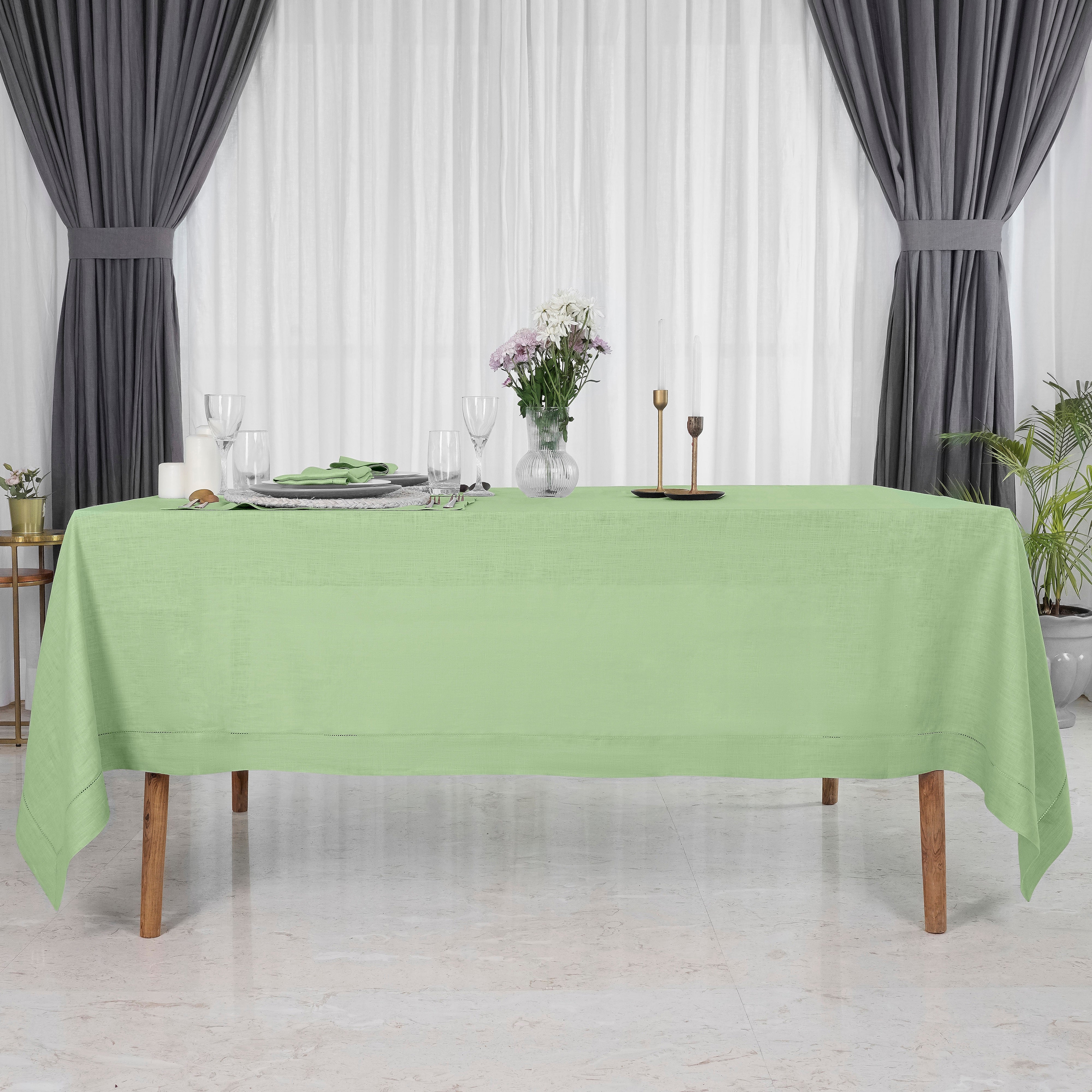 Sage Green Linen Tablecloth, Hemstitch