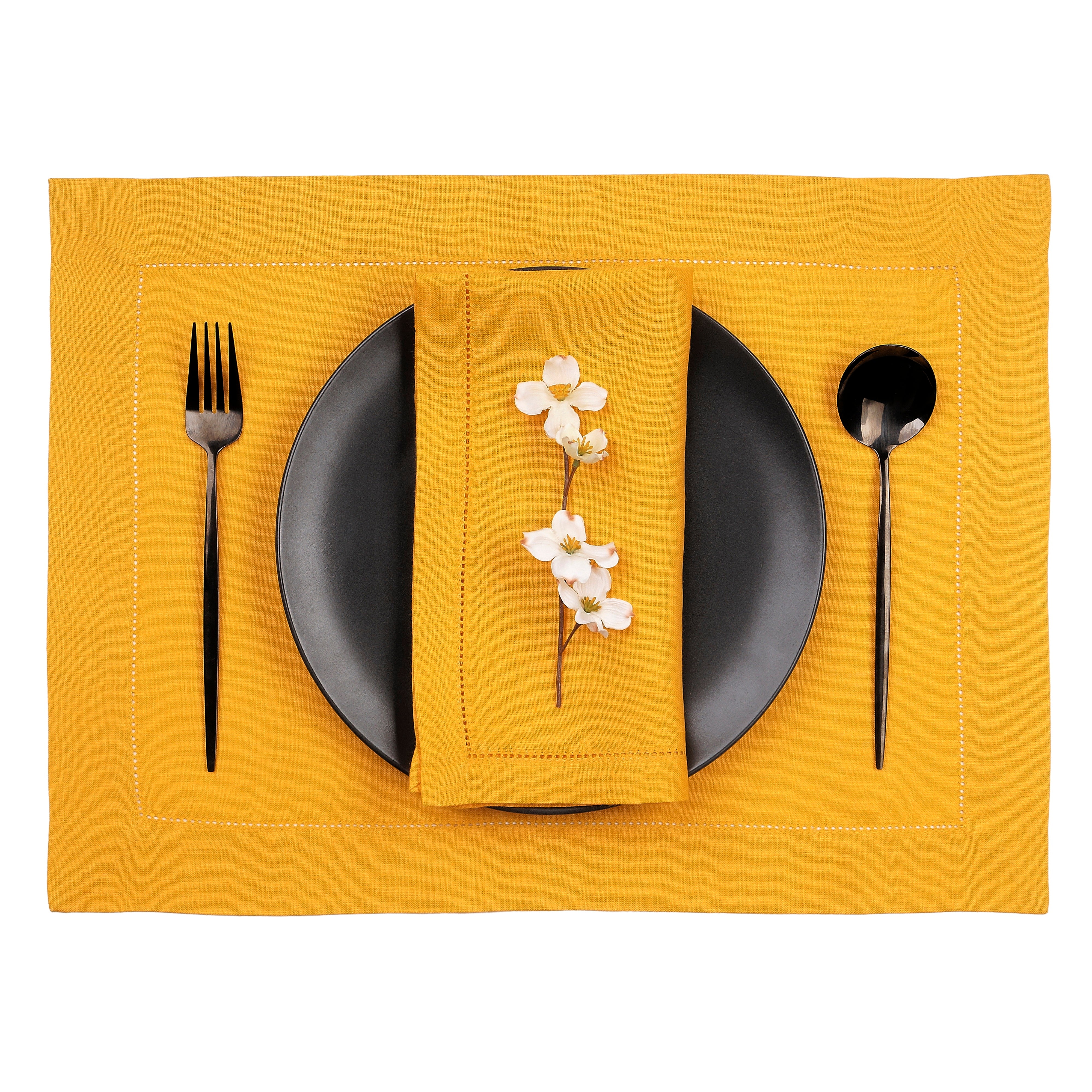 Sunflower Yellow Linen Placemats, Hemstitch, 14 x 19 inch, 4 pcs